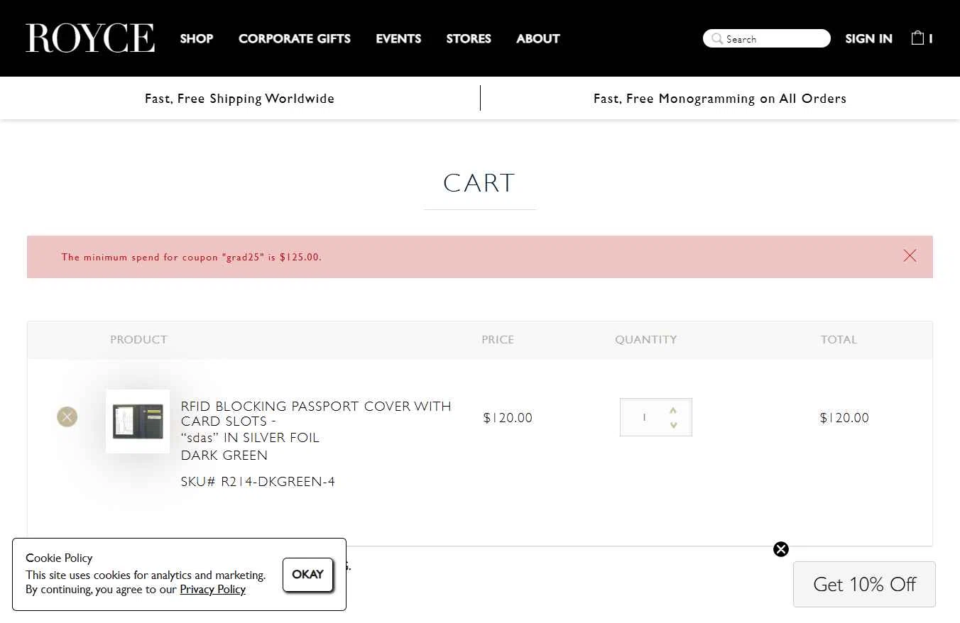 Royce checkout page showing Royce coupon code box | Screenshot taken by SimplyCodes community member on Jan 27, 2026