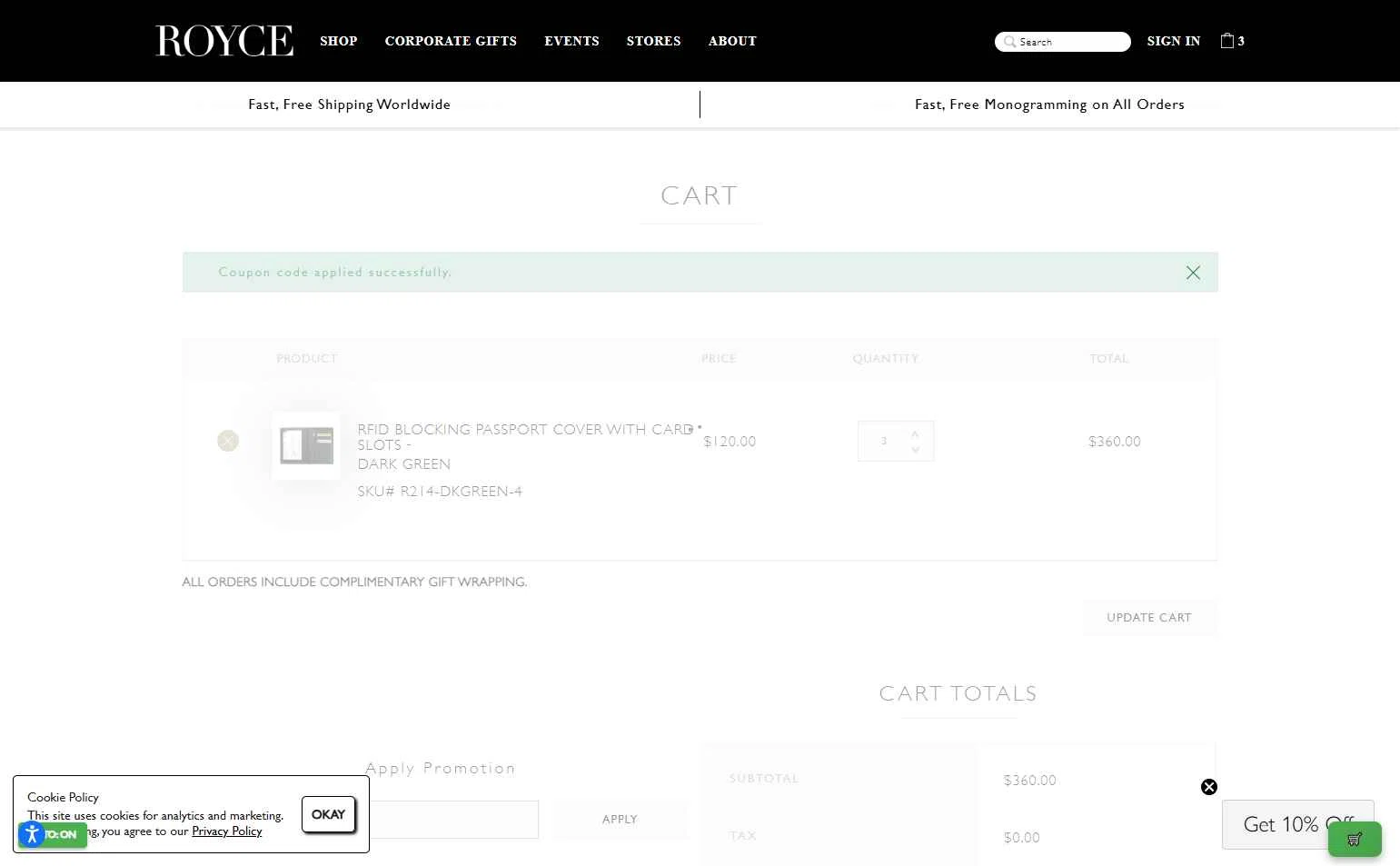 Royce checkout page showing Royce coupon code box | Screenshot taken by SimplyCodes community member on Dec 12, 2025