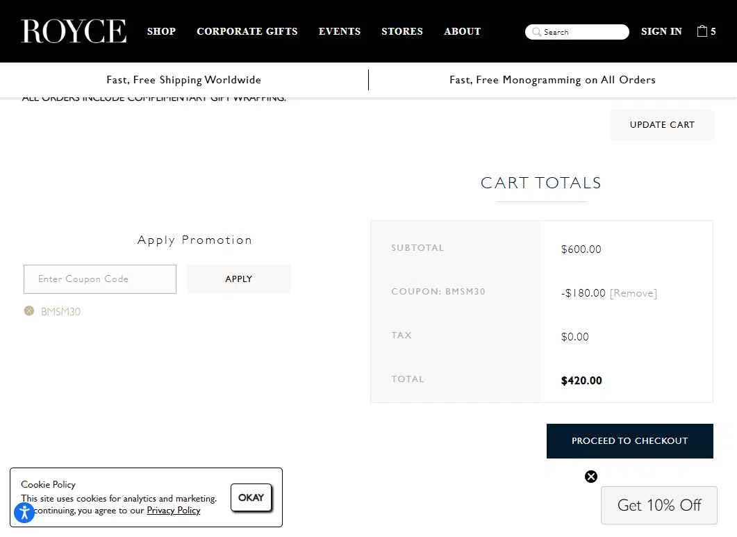 Royce checkout page showing Royce coupon code box | Screenshot taken by SimplyCodes community member on Dec 12, 2025