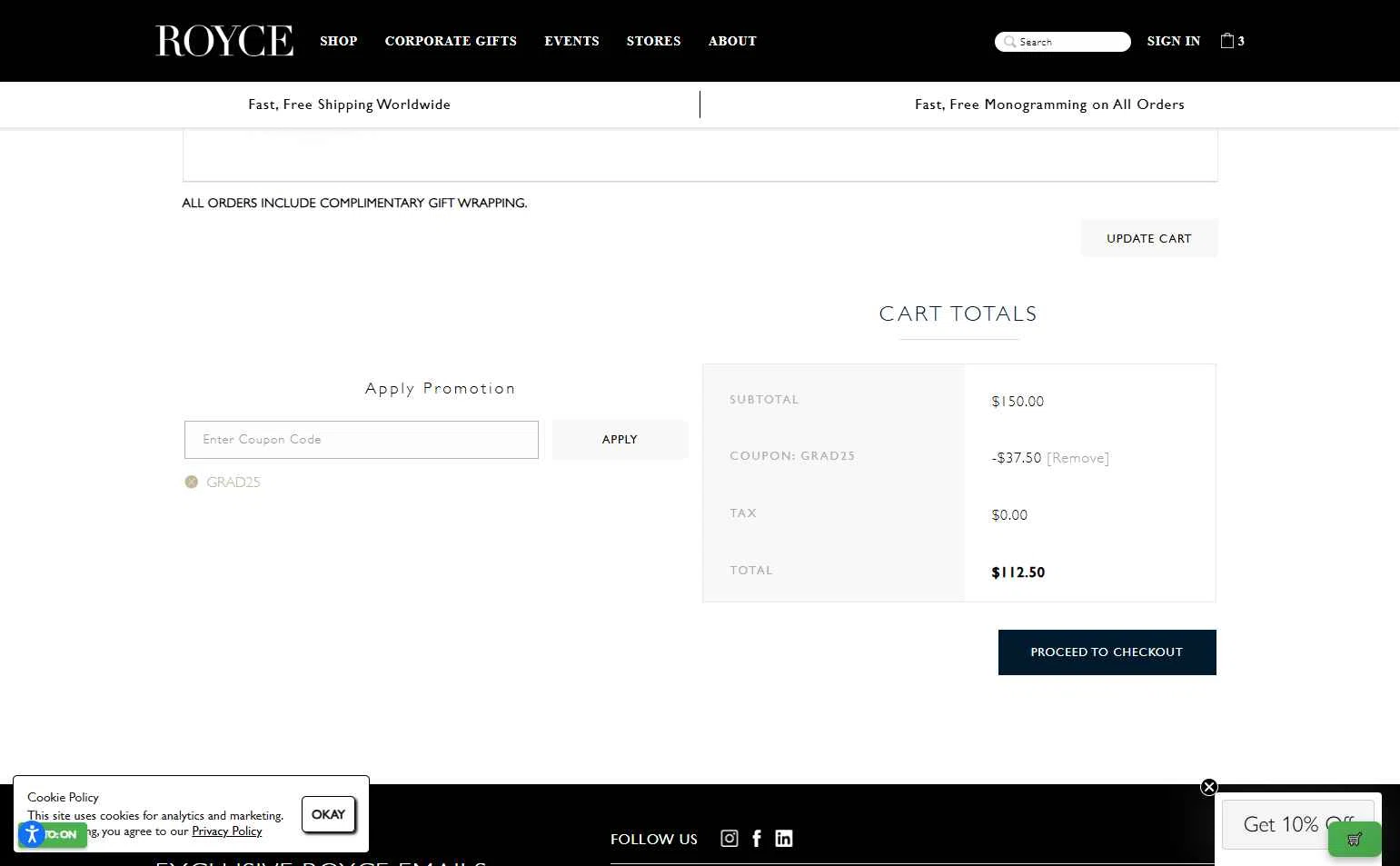 Royce checkout page showing Royce coupon code box | Screenshot taken by SimplyCodes community member on Dec 29, 2025