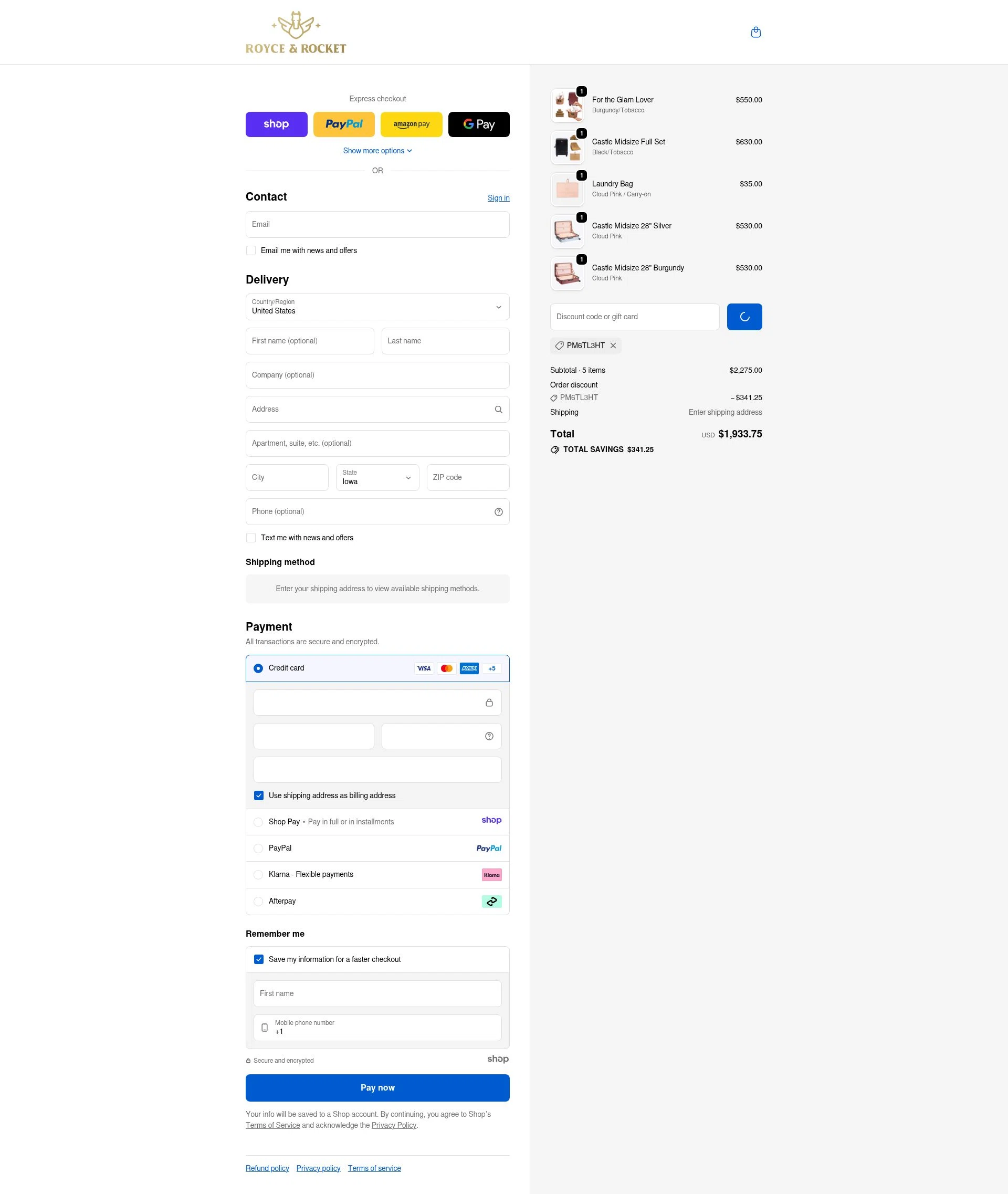 Royce and Rocket checkout page showing Royce and Rocket promo code box | Screenshot taken by SimplyCodes community member on Jan 5, 2026