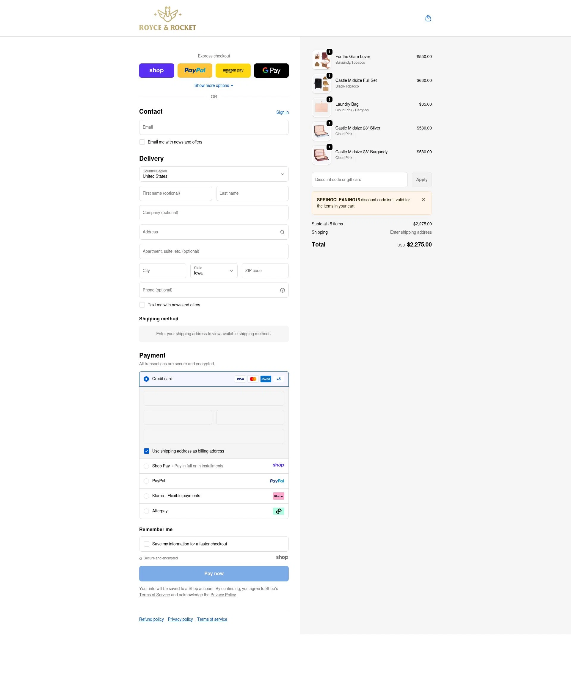 Royce and Rocket checkout page showing Royce and Rocket promo code box | Screenshot taken by SimplyCodes community member on Jan 5, 2026
