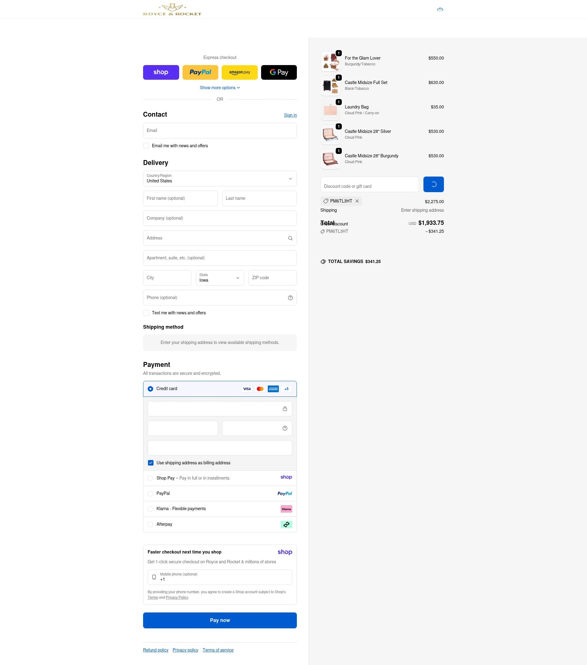 Royce and Rocket checkout page showing Royce and Rocket promo code box | Screenshot taken by SimplyCodes community member on Jan 10, 2026