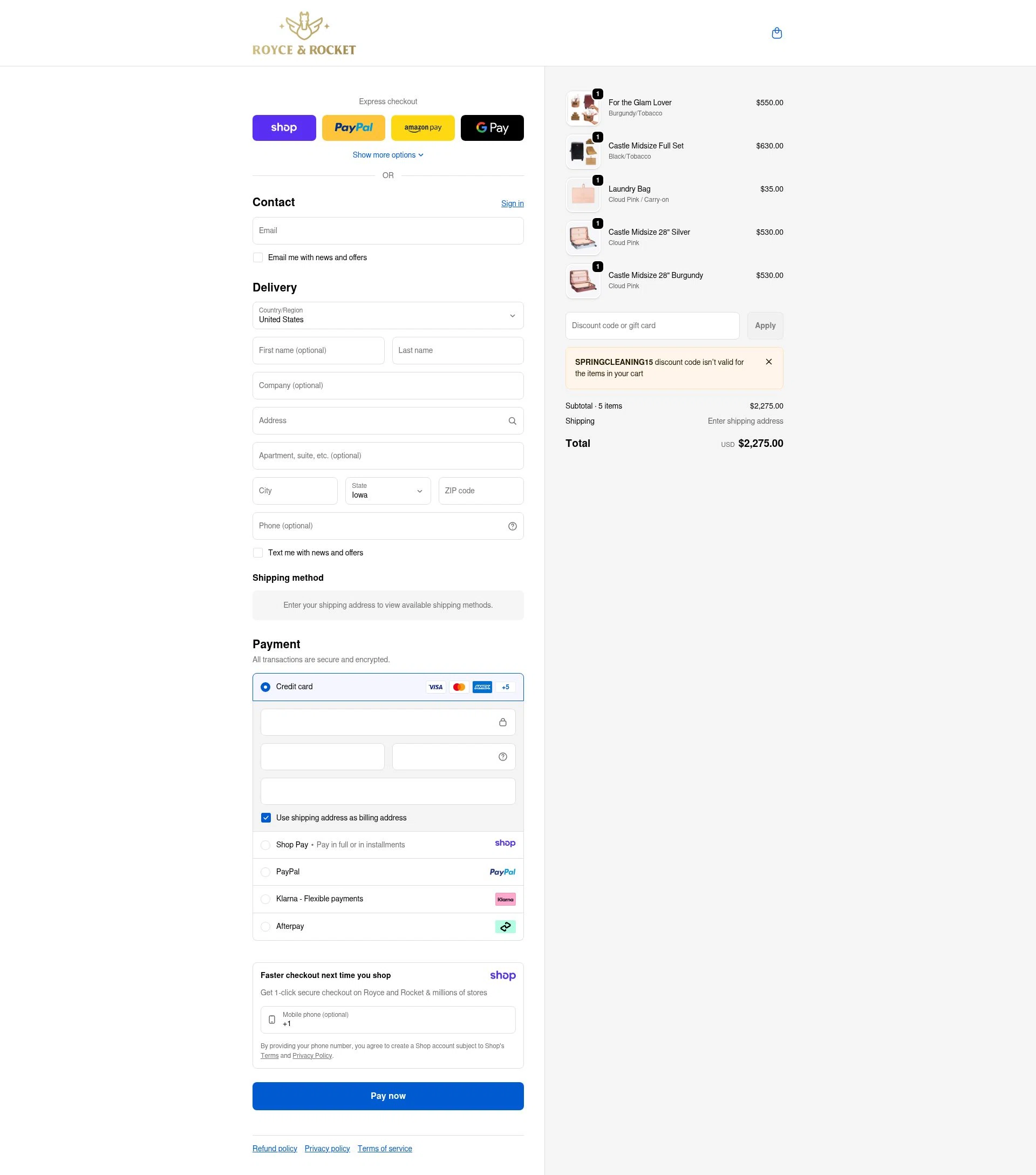 Royce and Rocket checkout page showing Royce and Rocket promo code box | Screenshot taken by SimplyCodes community member on Jan 10, 2026