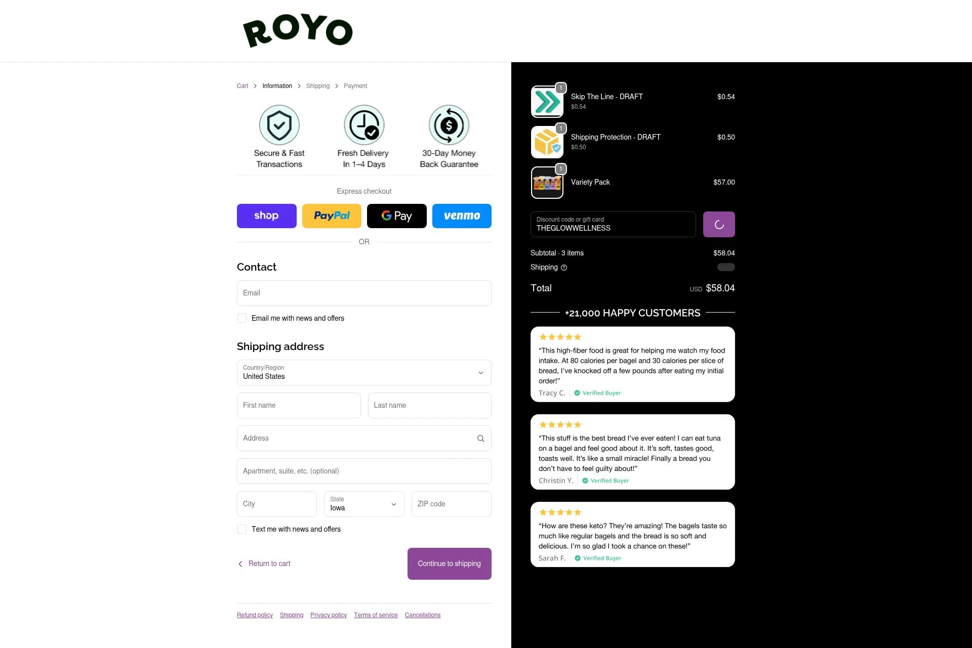 Royo Bread checkout page showing Royo Bread discount code box | Screenshot taken by SimplyCodes community member on Feb 3, 2026