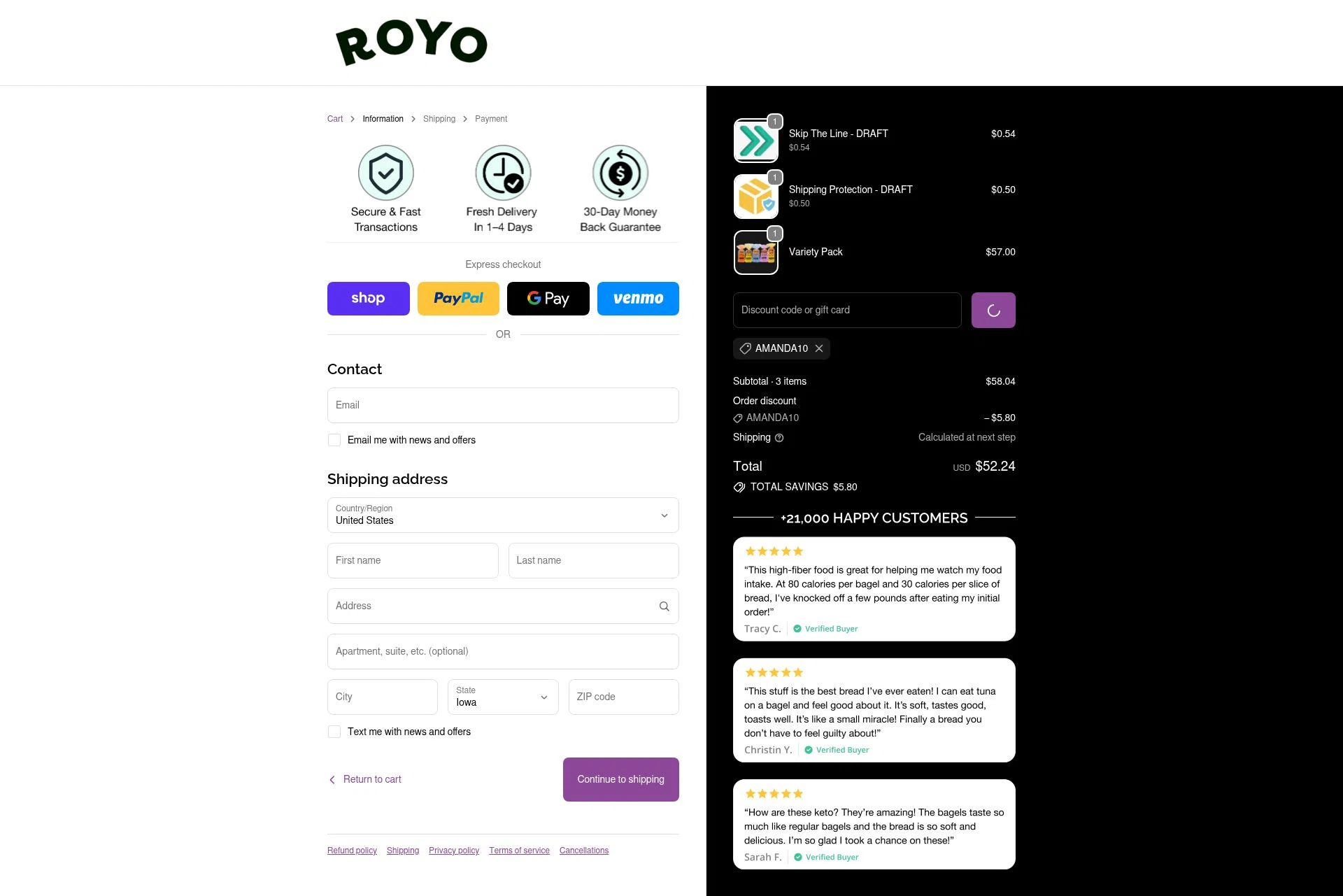 Royo Bread checkout page showing Royo Bread discount code box | Screenshot taken by SimplyCodes community member on Feb 3, 2026