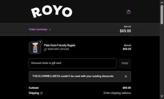 Royo Bread checkout page showing Royo Bread discount code box | Screenshot taken by SimplyCodes community member on Feb 3, 2026
