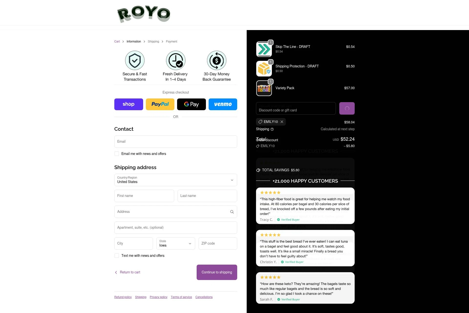 Royo Bread checkout page showing Royo Bread discount code box | Screenshot taken by SimplyCodes community member on Feb 3, 2026