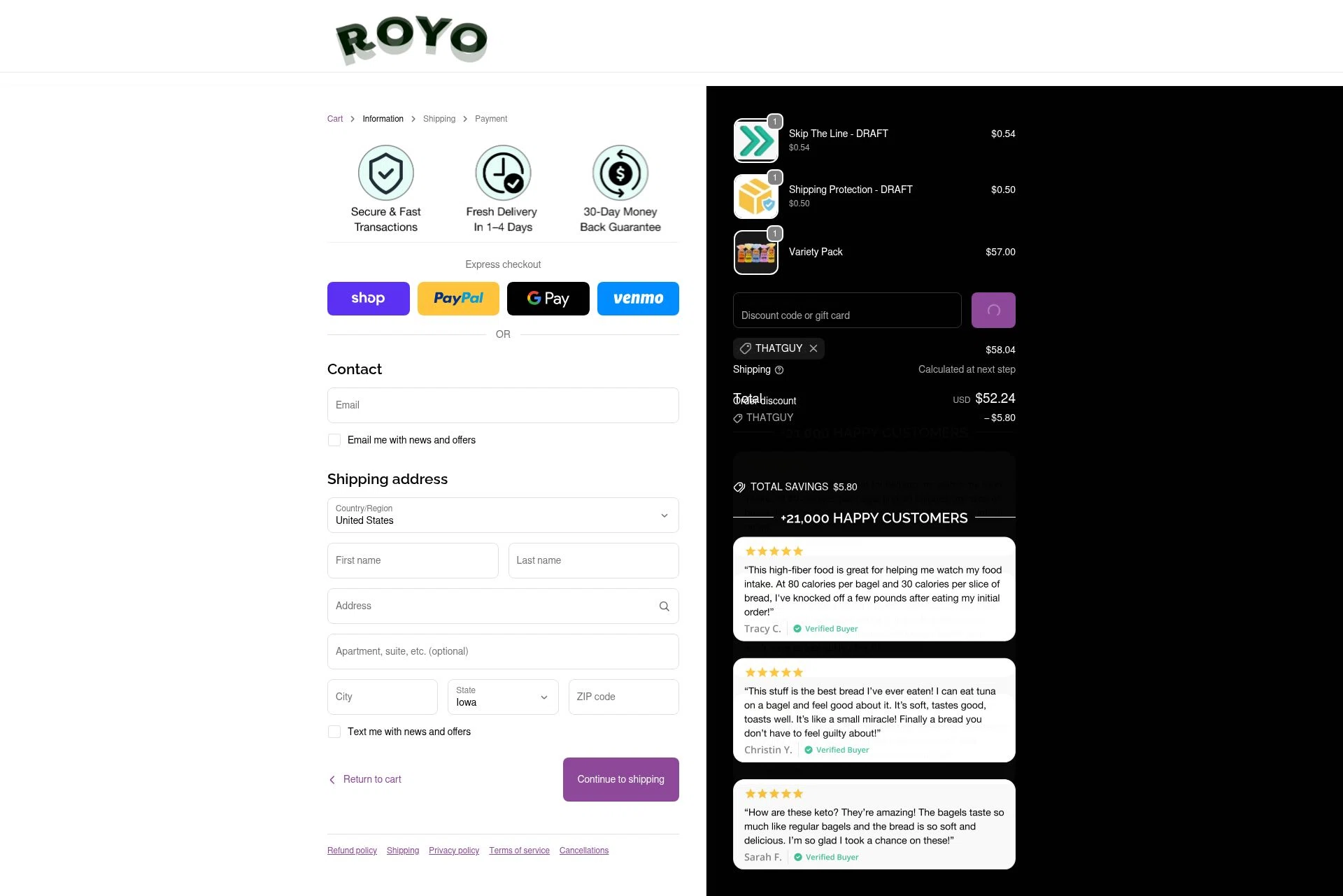 Royo Bread checkout page showing Royo Bread discount code box | Screenshot taken by SimplyCodes community member on Feb 3, 2026