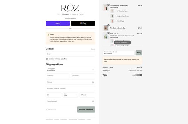 ROZ Hair checkout page showing ROZ Hair coupon code box | Screenshot taken by SimplyCodes community member on Sep 12, 2025
