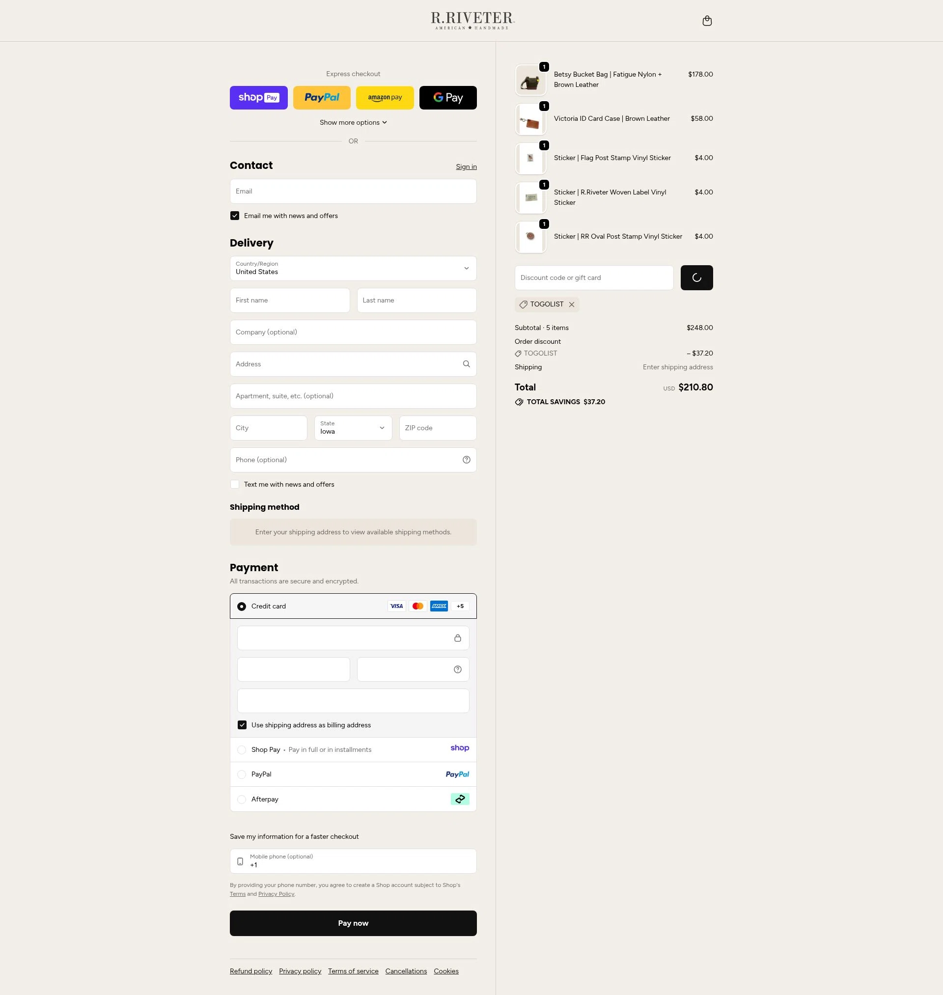 R. Riveter checkout page showing R. Riveter discount code box | Screenshot taken by SimplyCodes community member on Jan 9, 2026