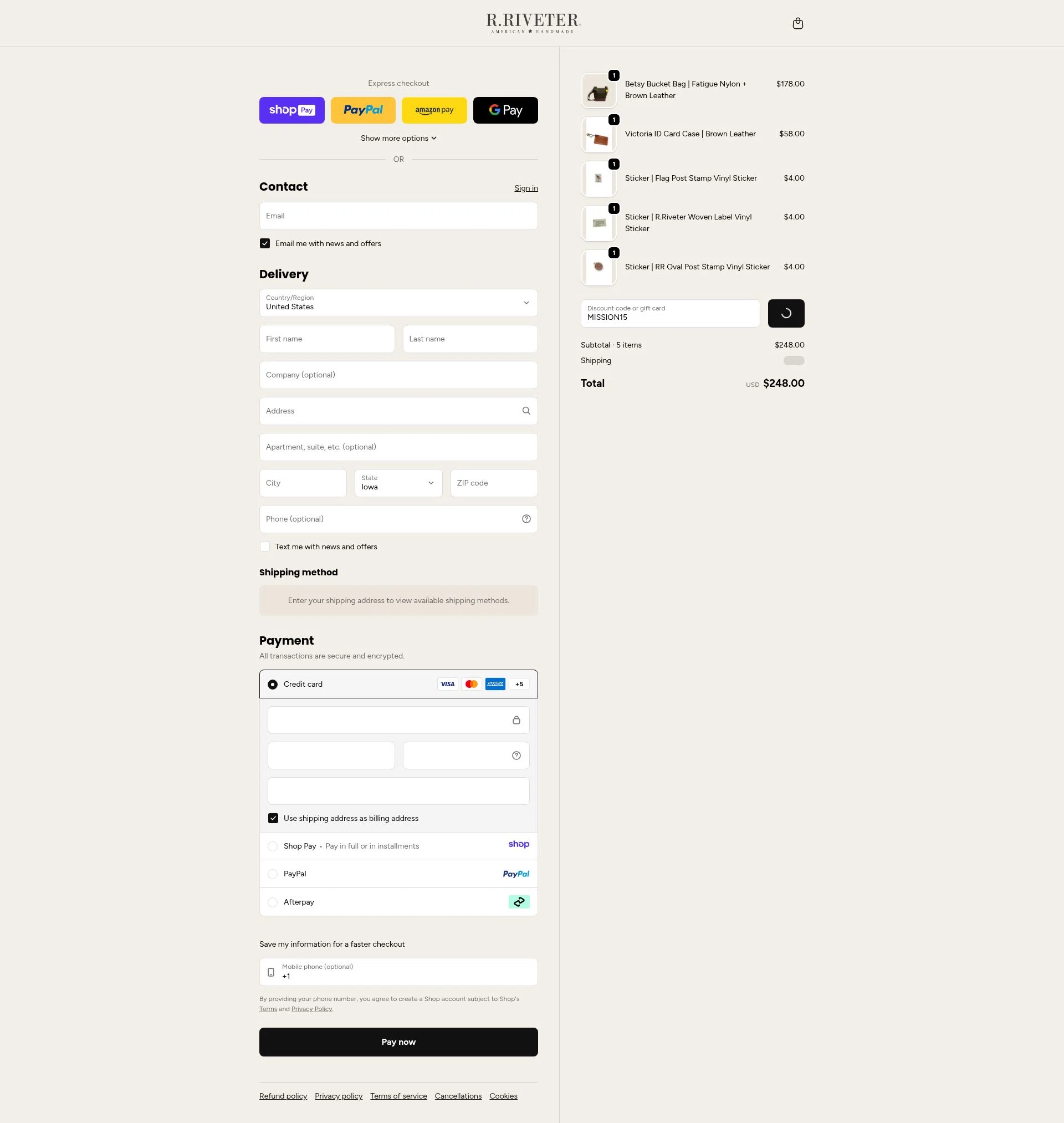 R. Riveter checkout page showing R. Riveter discount code box | Screenshot taken by SimplyCodes community member on Jan 9, 2026