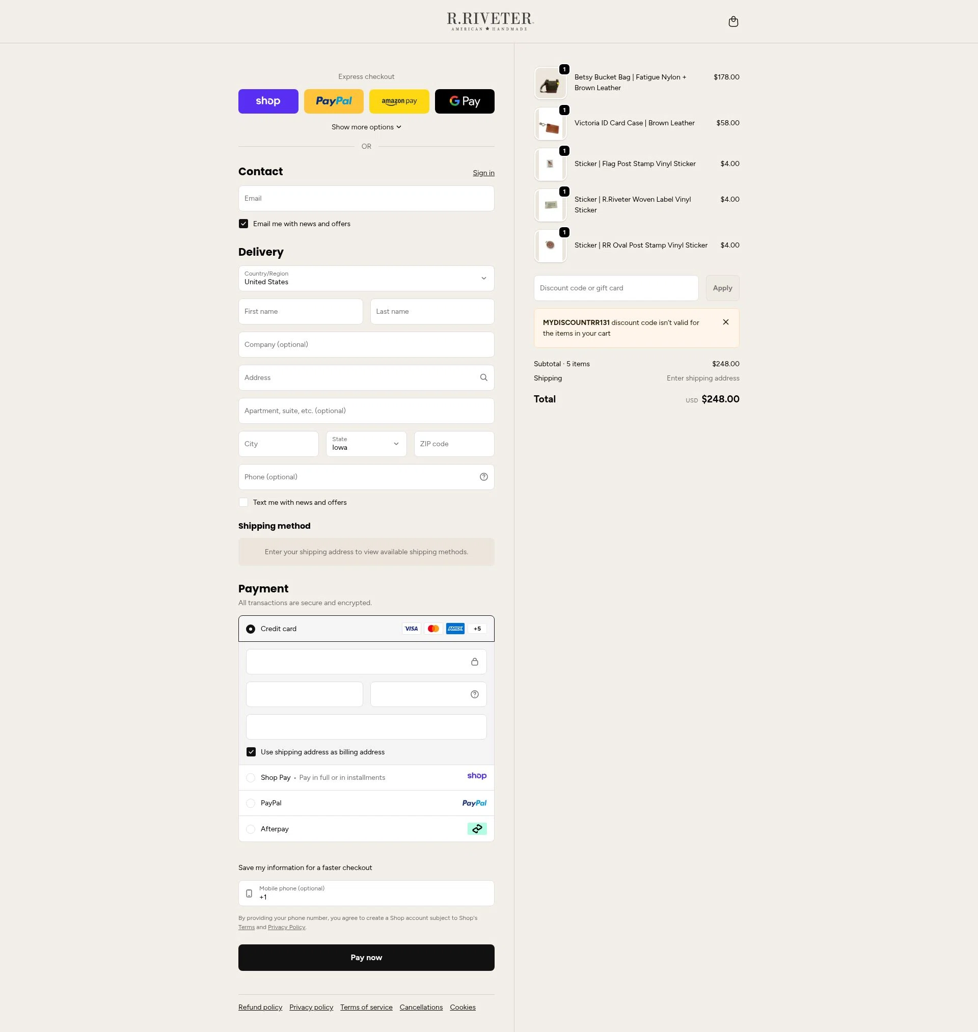 R. Riveter checkout page showing R. Riveter discount code box | Screenshot taken by SimplyCodes community member on Jan 9, 2026