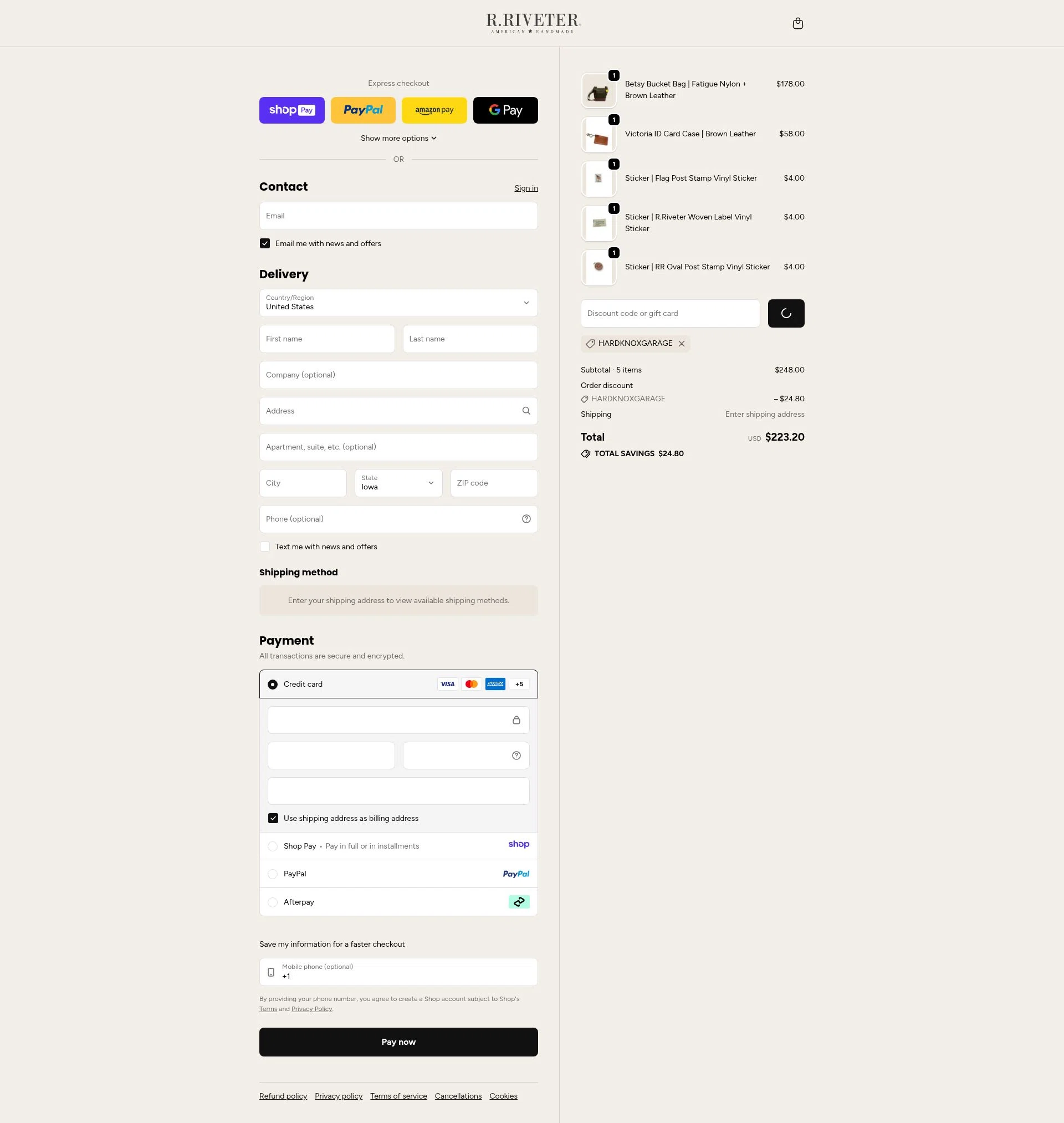 R. Riveter checkout page showing R. Riveter discount code box | Screenshot taken by SimplyCodes community member on Jan 9, 2026