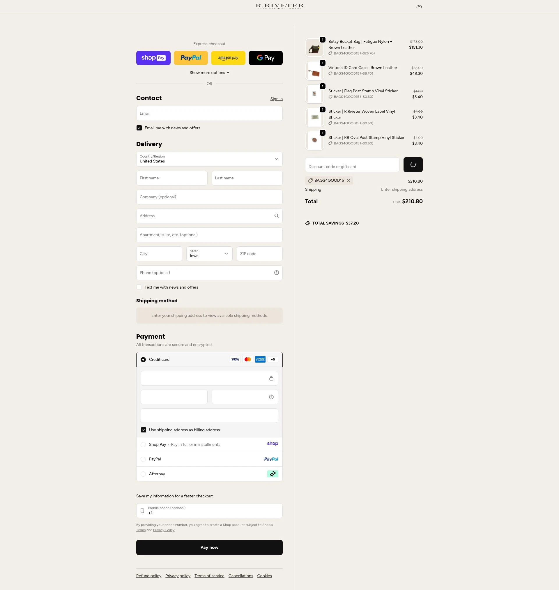 R. Riveter checkout page showing R. Riveter discount code box | Screenshot taken by SimplyCodes community member on Jan 9, 2026