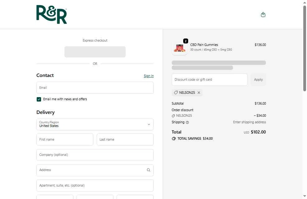 R+R Medicinals checkout page showing R+R Medicinals coupon code box | Screenshot taken by SimplyCodes community member on Feb 13, 2026