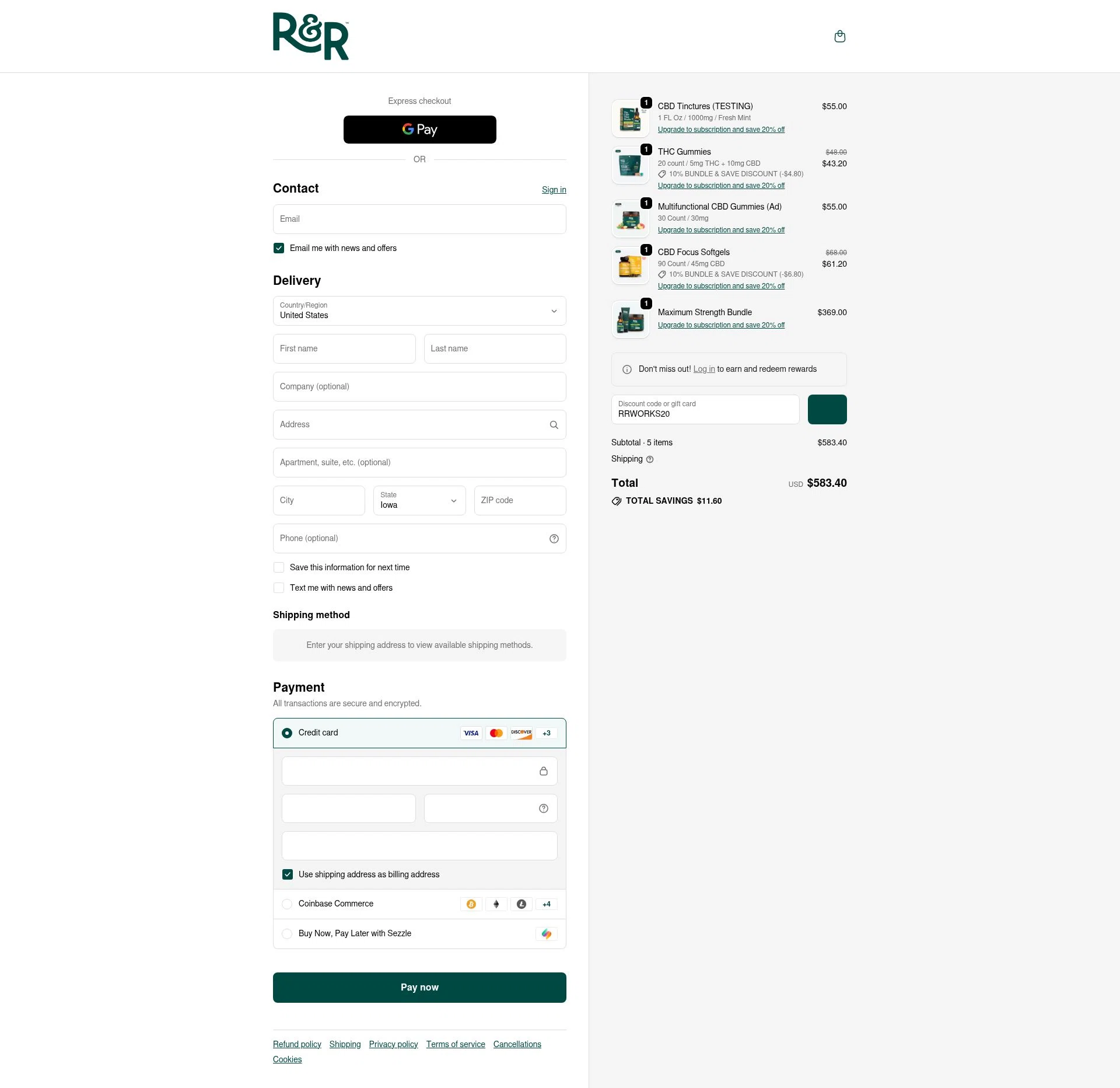 R+R Medicinals checkout page showing R+R Medicinals coupon code box | Screenshot taken by SimplyCodes community member on Feb 10, 2026