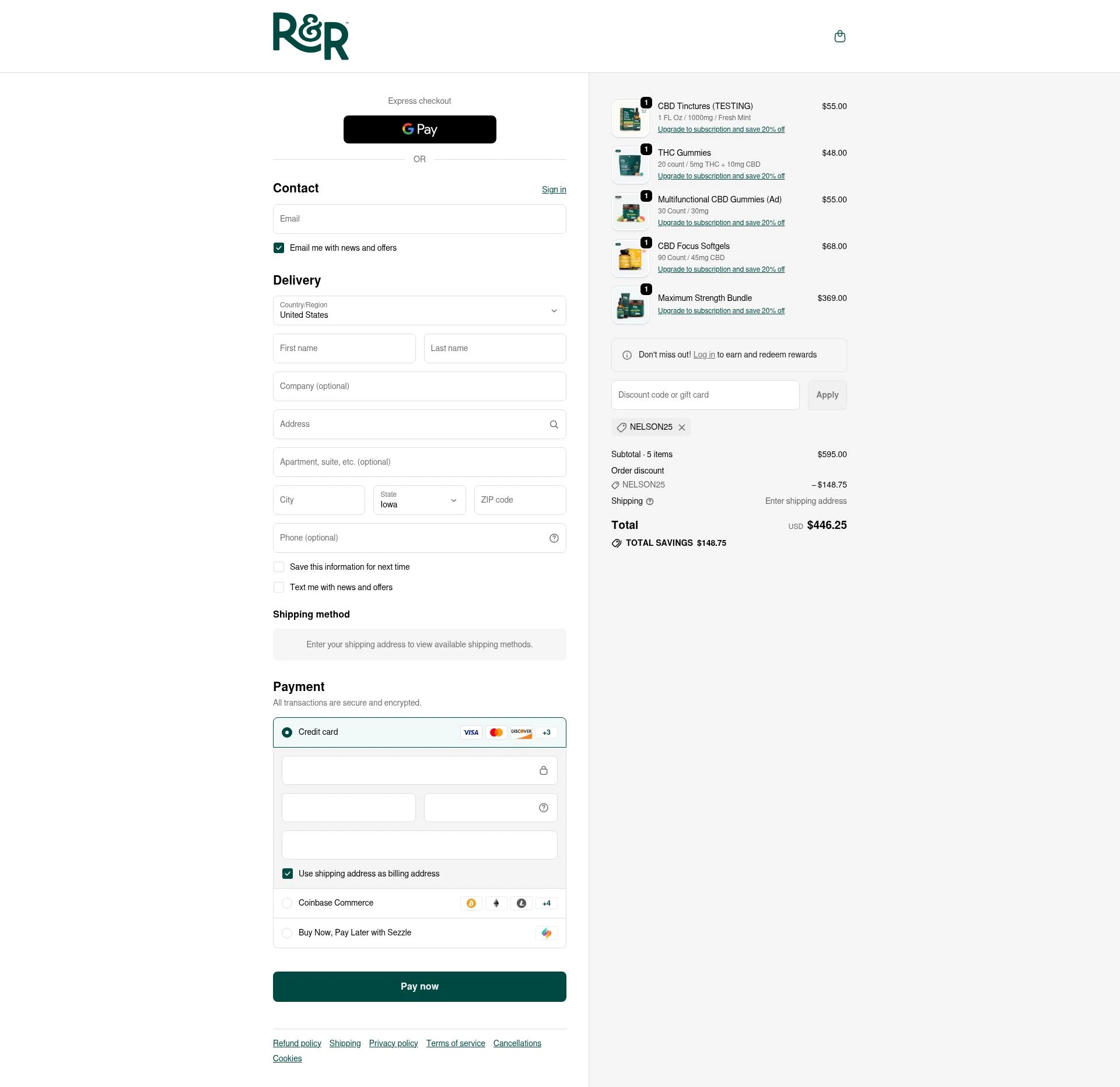 R+R Medicinals checkout page showing R+R Medicinals coupon code box | Screenshot taken by SimplyCodes community member on Feb 10, 2026