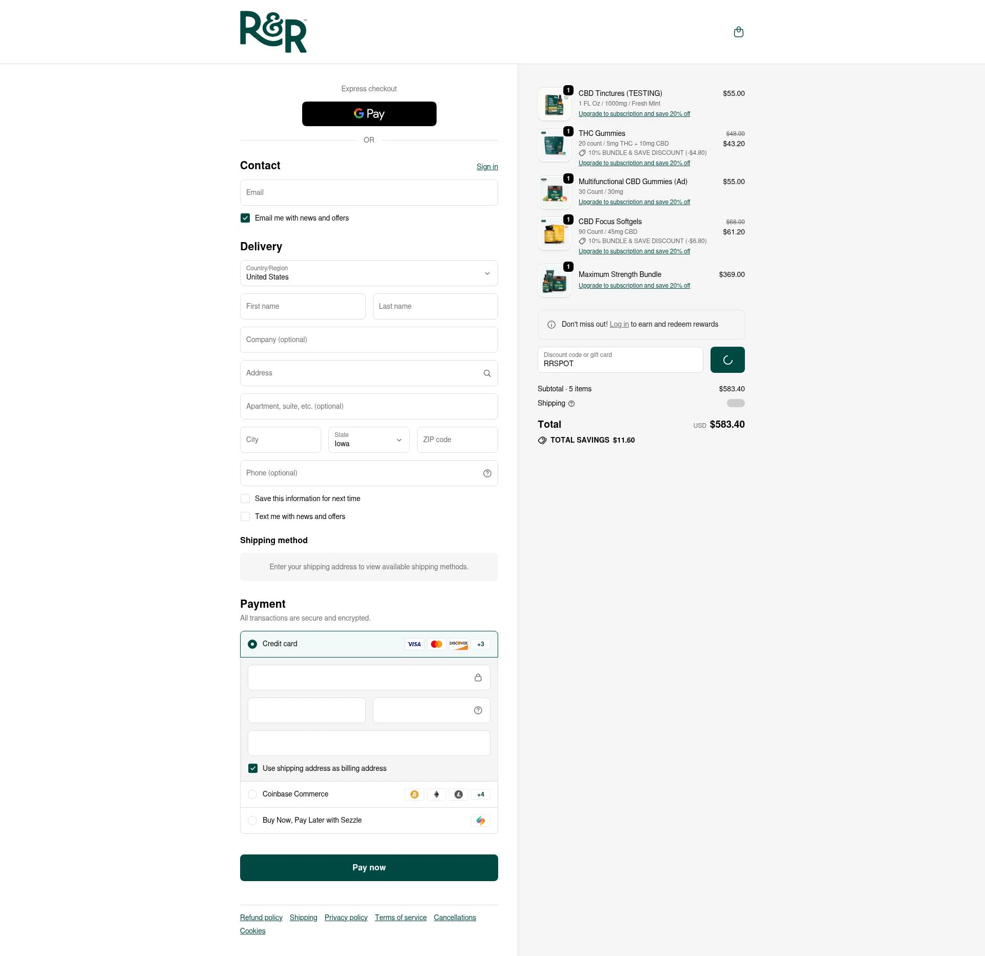 R+R Medicinals checkout page showing R+R Medicinals coupon code box | Screenshot taken by SimplyCodes community member on Feb 10, 2026