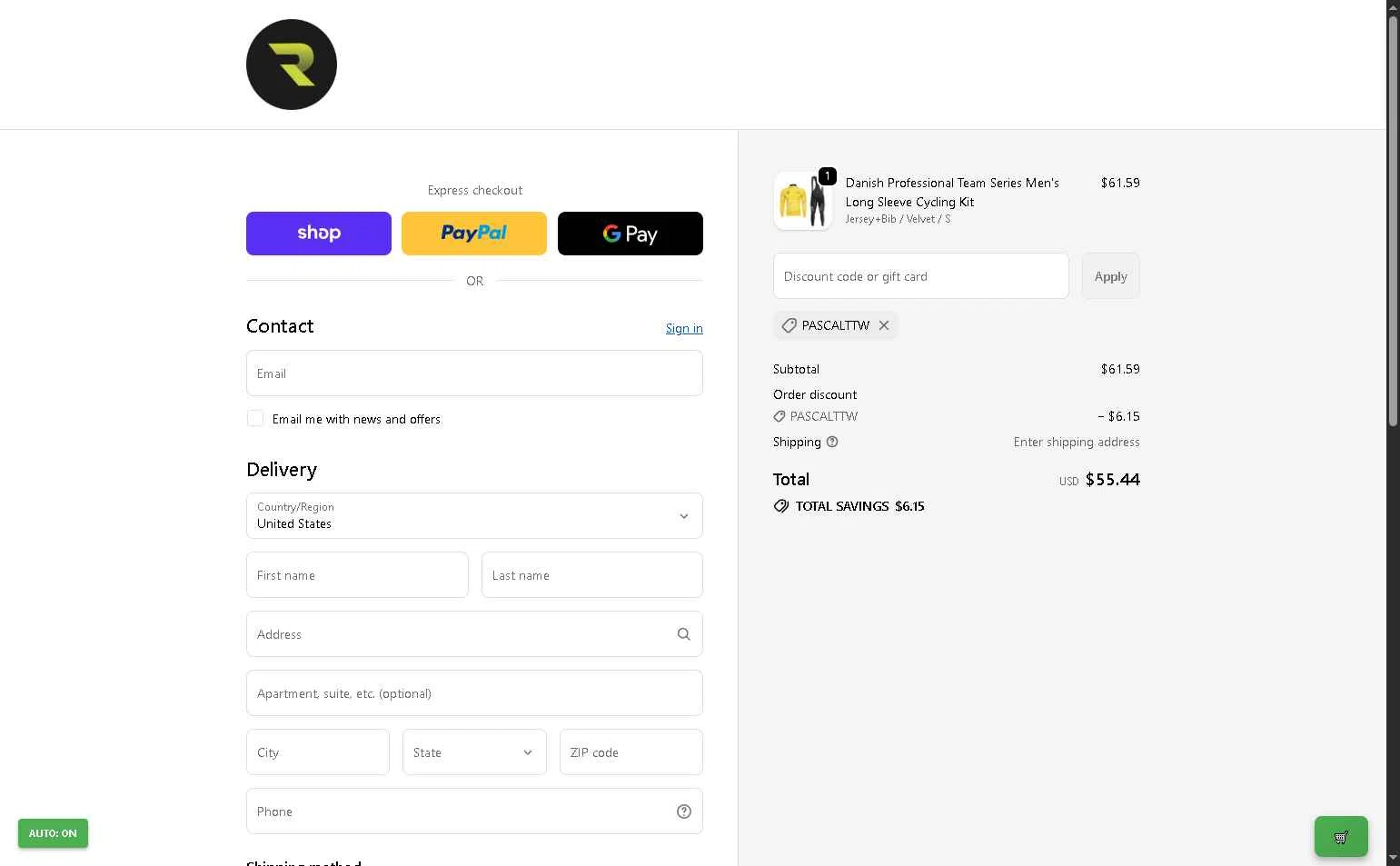 RSSC Sports checkout page showing RSSC Sports discount code box | Screenshot taken by SimplyCodes community member on Dec 22, 2025