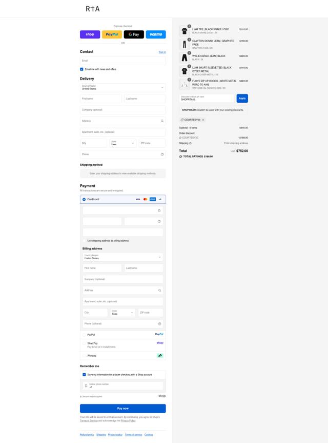 RTA checkout page showing RTA discount code box | Screenshot taken by SimplyCodes community member on Sep 10, 2025