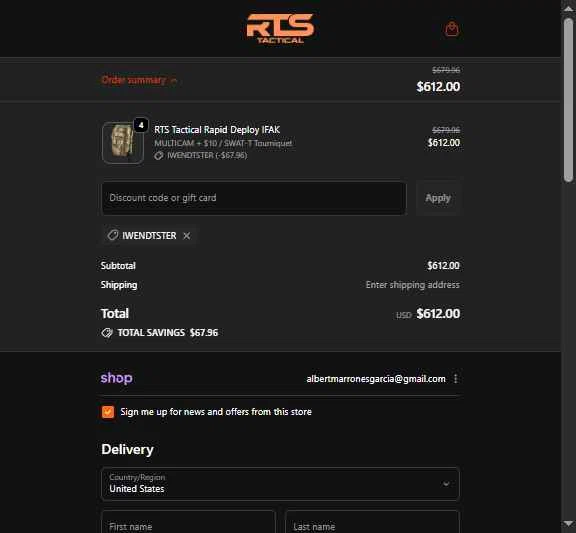 RTS Tactical checkout page showing RTS Tactical discount code box | Screenshot taken by SimplyCodes community member on Feb 7, 2026