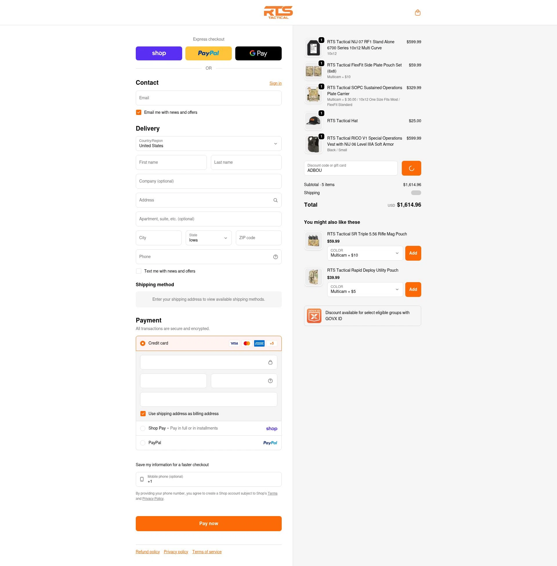 RTS Tactical checkout page showing RTS Tactical discount code box | Screenshot taken by SimplyCodes community member on Feb 7, 2026