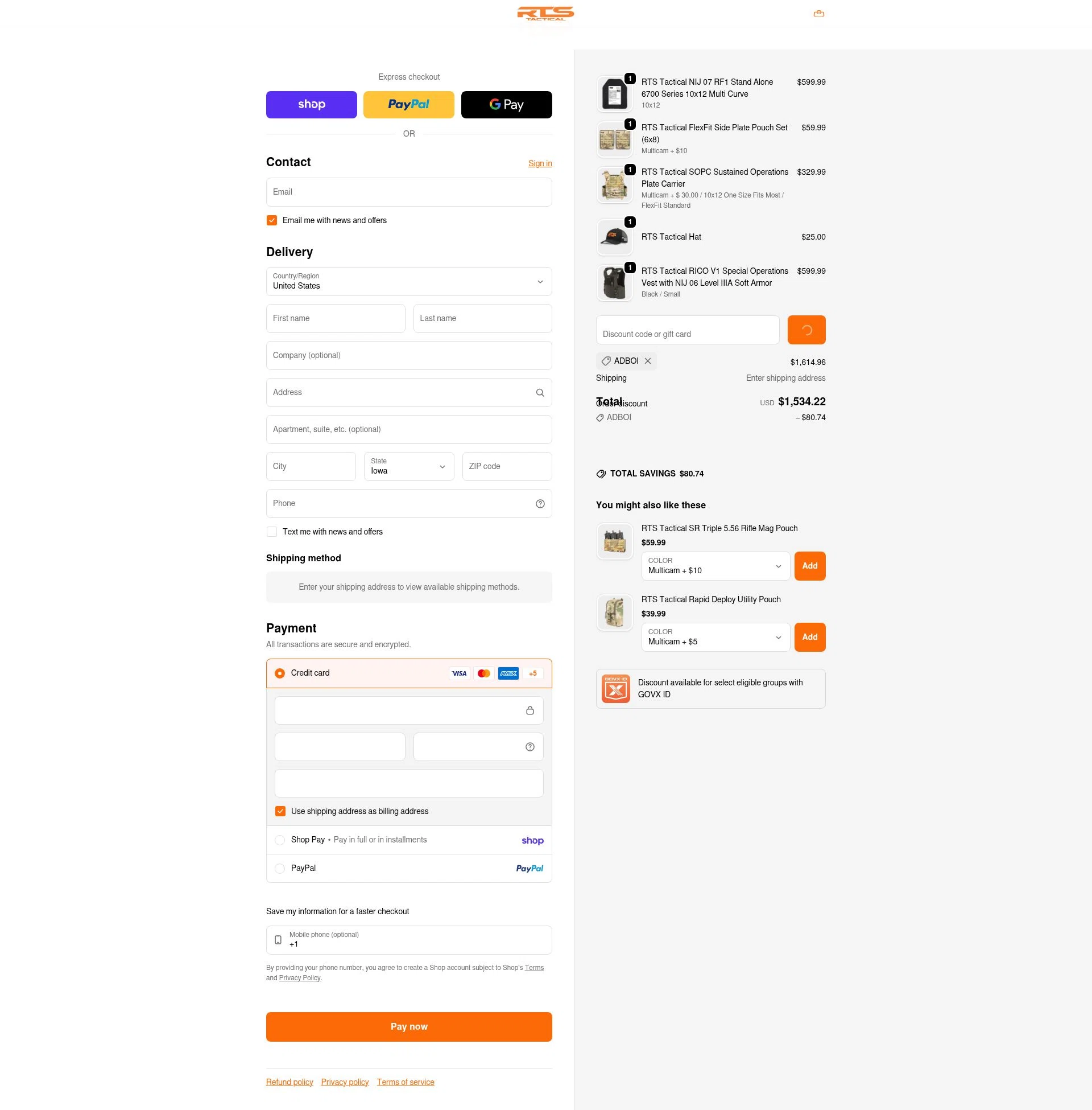 RTS Tactical checkout page showing RTS Tactical discount code box | Screenshot taken by SimplyCodes community member on Feb 7, 2026