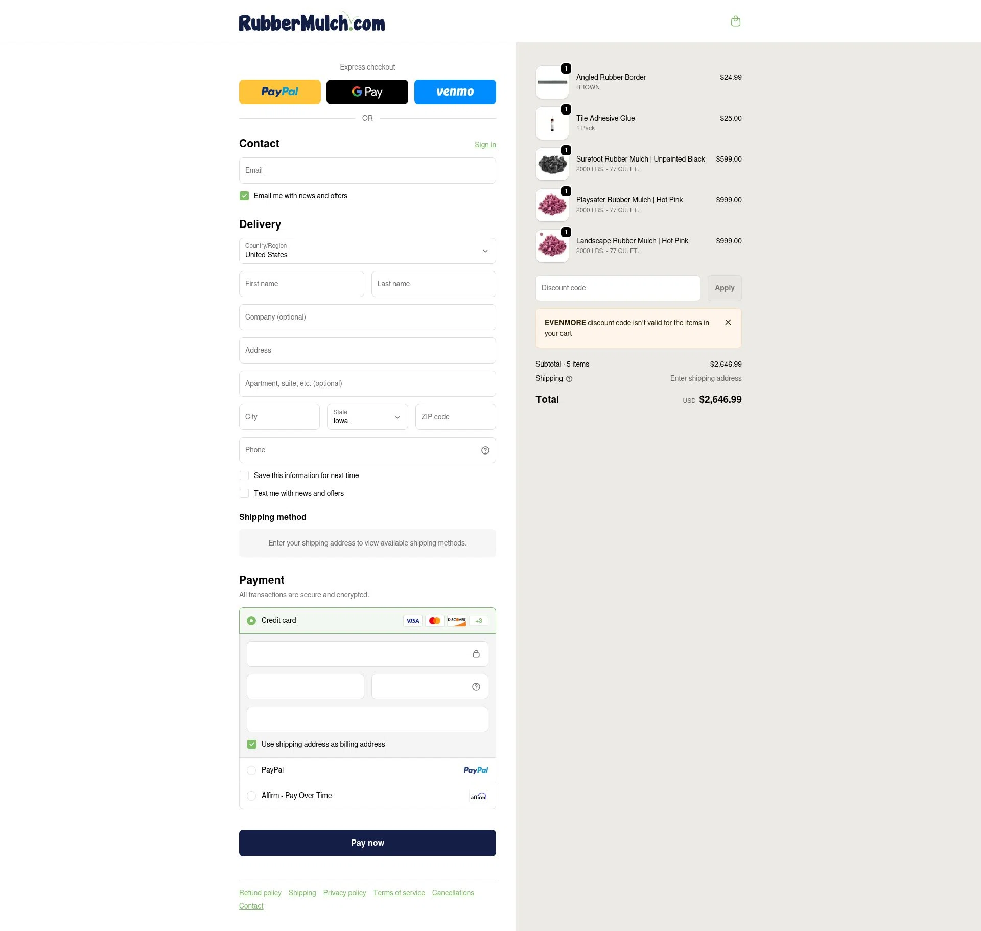 Rubber Mulch checkout page showing Rubber Mulch discount code box | Screenshot taken by SimplyCodes community member on Feb 7, 2026