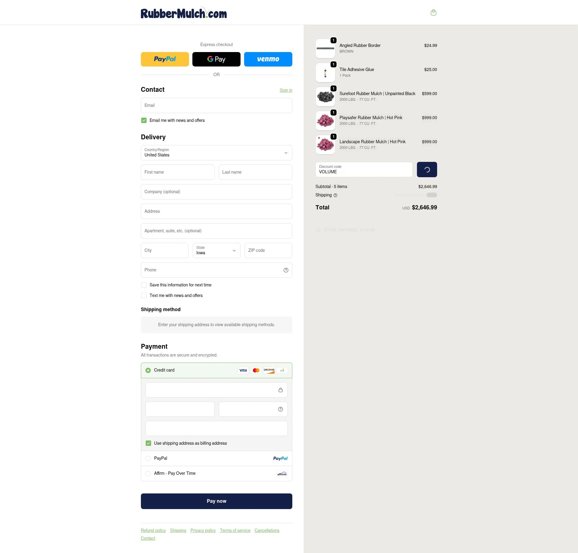 Rubber Mulch checkout page showing Rubber Mulch discount code box | Screenshot taken by SimplyCodes community member on Jan 24, 2026