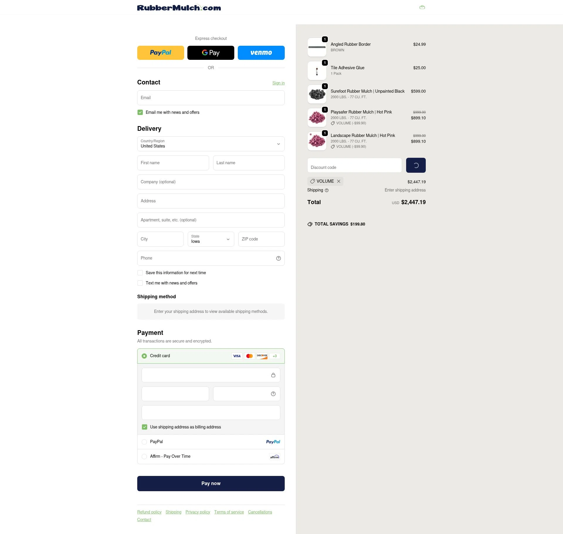 Rubber Mulch checkout page showing Rubber Mulch discount code box | Screenshot taken by SimplyCodes community member on Feb 7, 2026