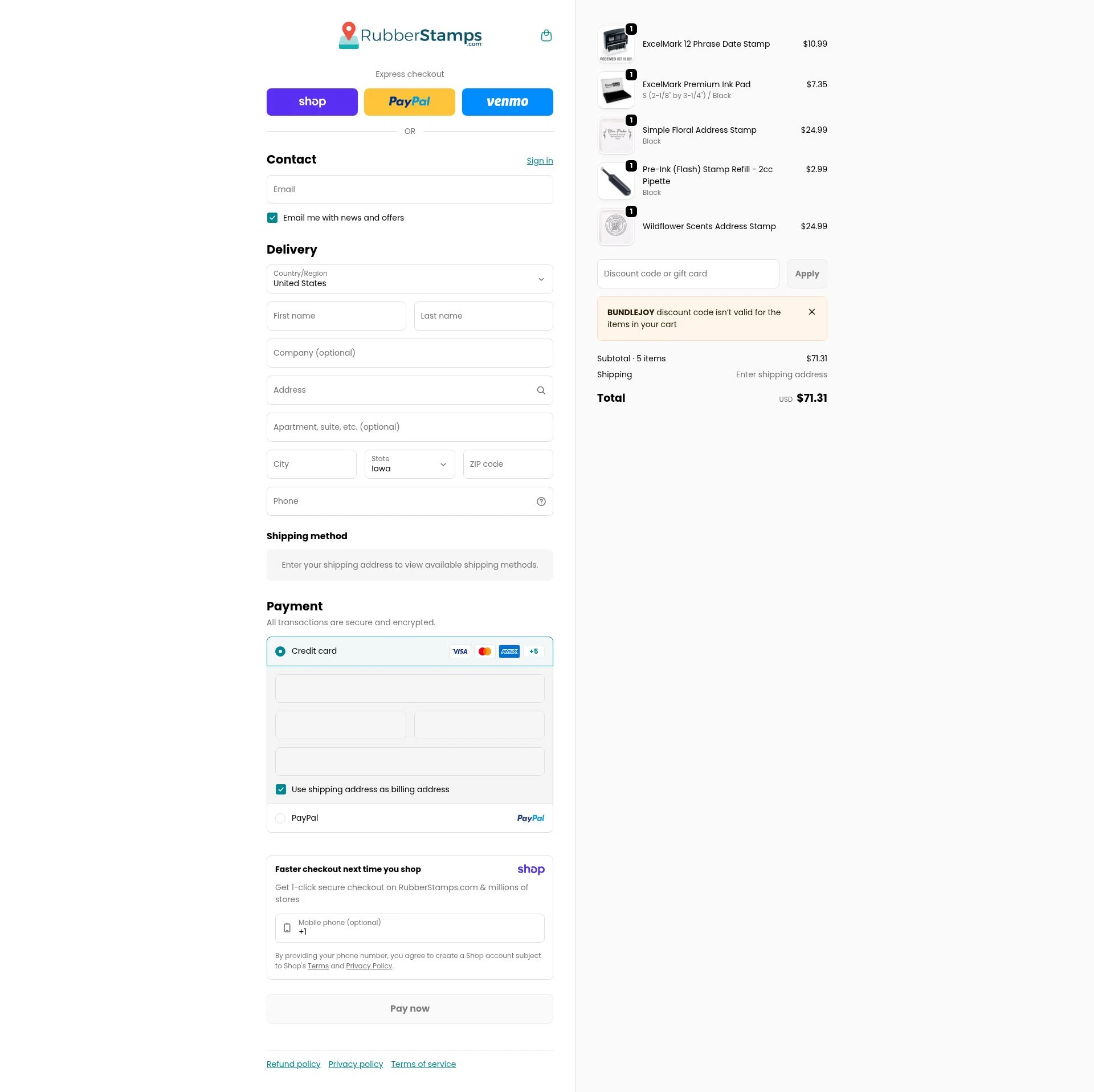 Rubber Stamps checkout page showing Rubber Stamps discount code box | Screenshot taken by SimplyCodes community member on Jan 8, 2026