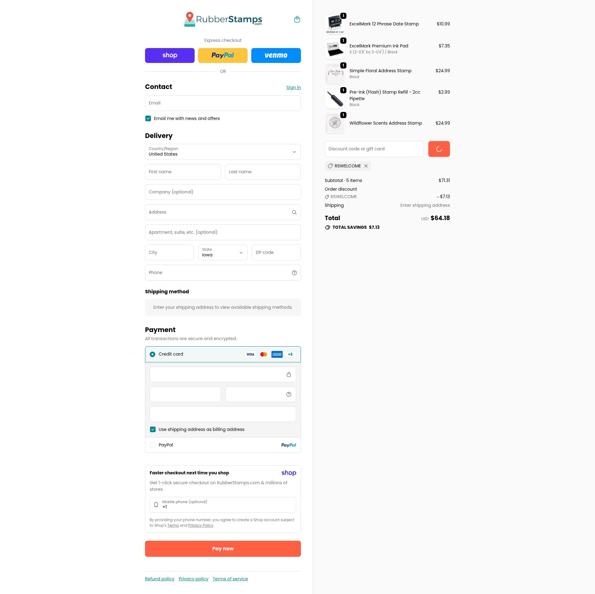 Rubber Stamps checkout page showing Rubber Stamps discount code box | Screenshot taken by SimplyCodes community member on Jan 8, 2026