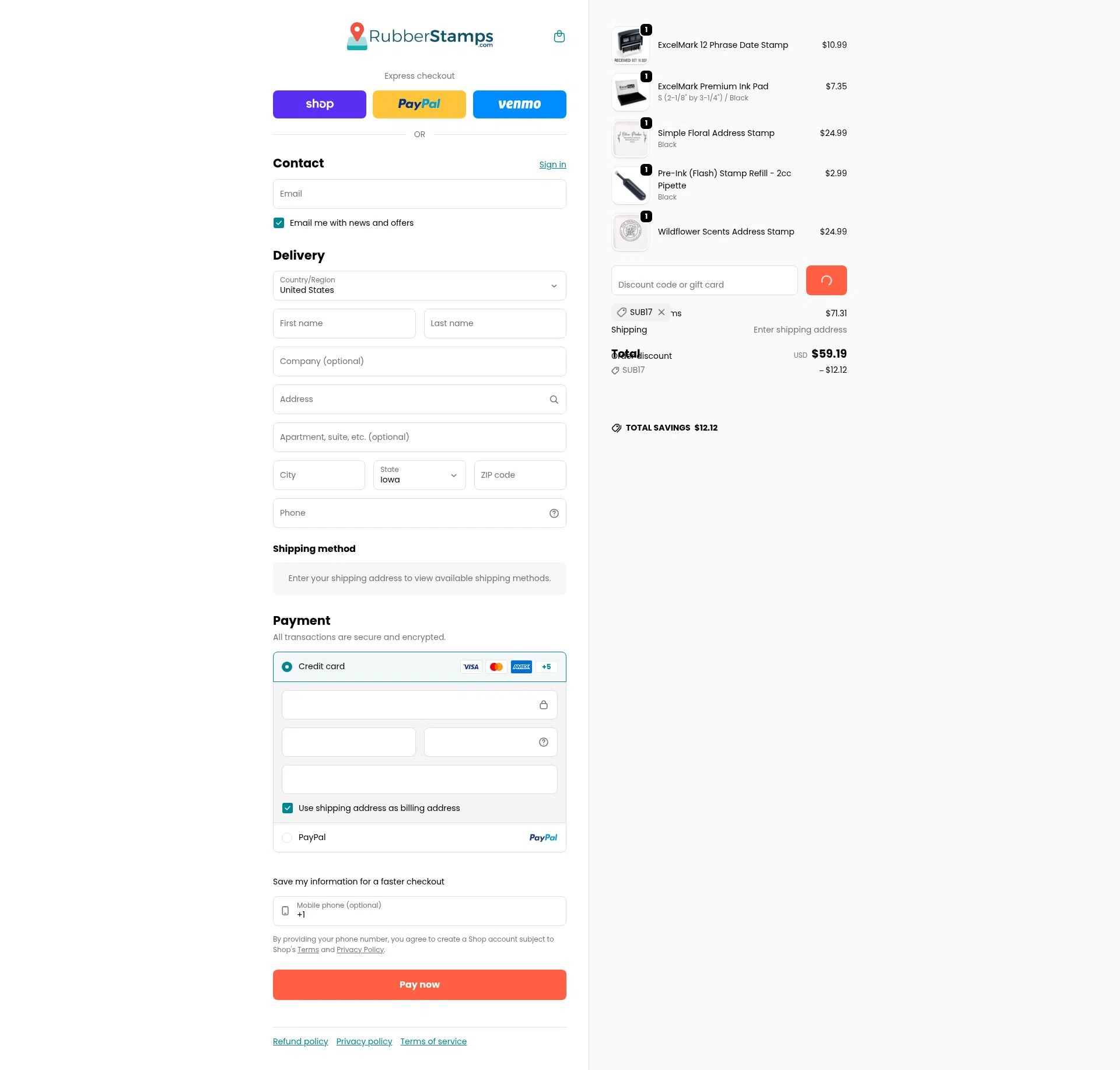 Rubber Stamps checkout page showing Rubber Stamps discount code box | Screenshot taken by SimplyCodes community member on Jan 8, 2026