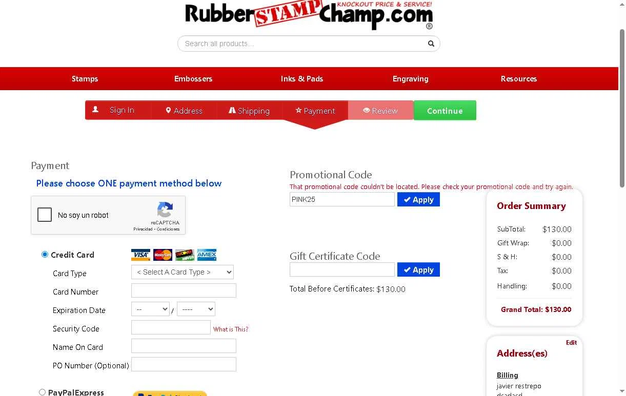 RubberStampChamp checkout page showing RubberStampChamp coupon code box | Screenshot taken by SimplyCodes community member on Nov 5, 2025