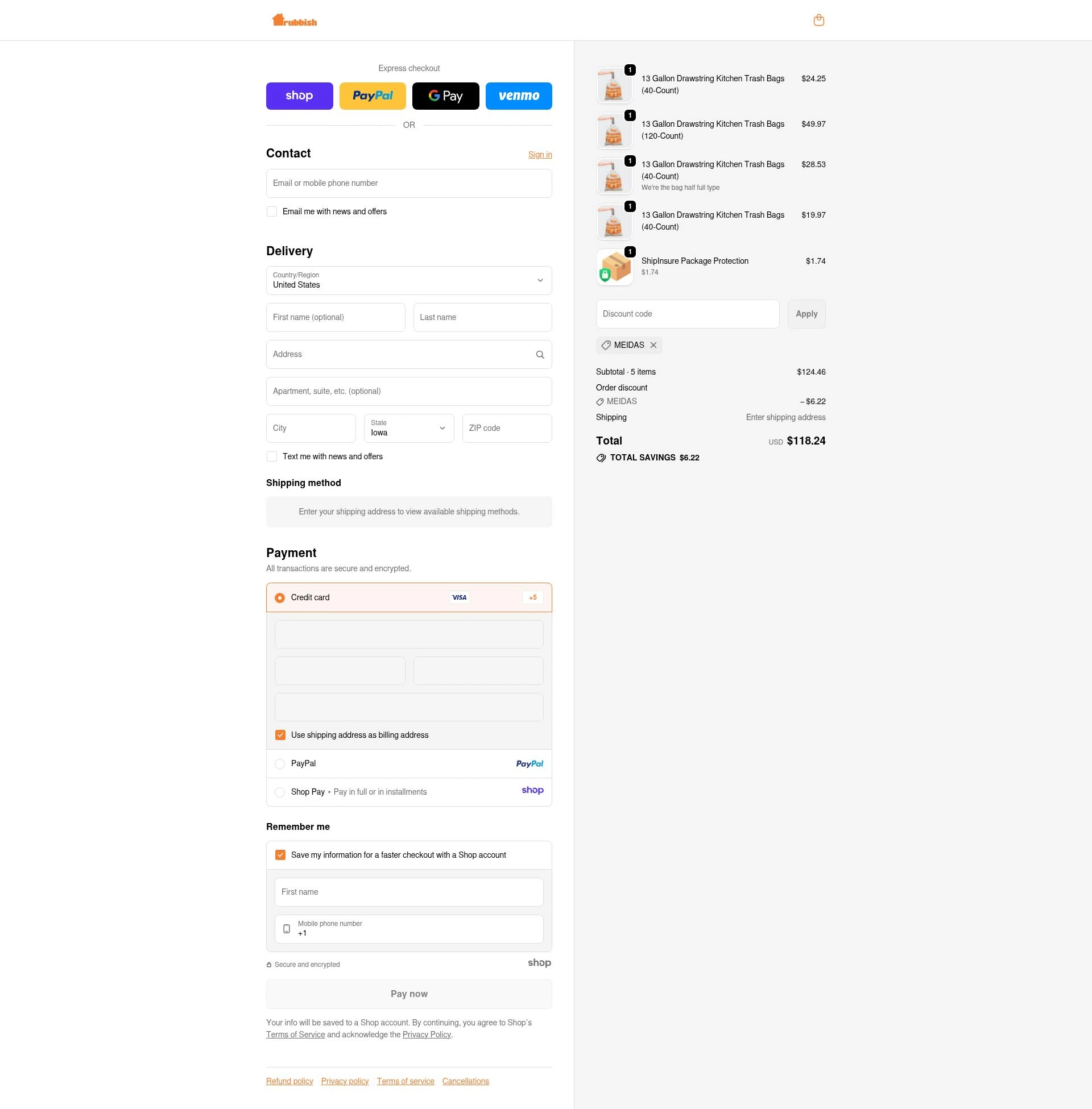 Rubbish Home checkout page showing Rubbish Home promo code box | Screenshot taken by SimplyCodes community member on Dec 2, 2025