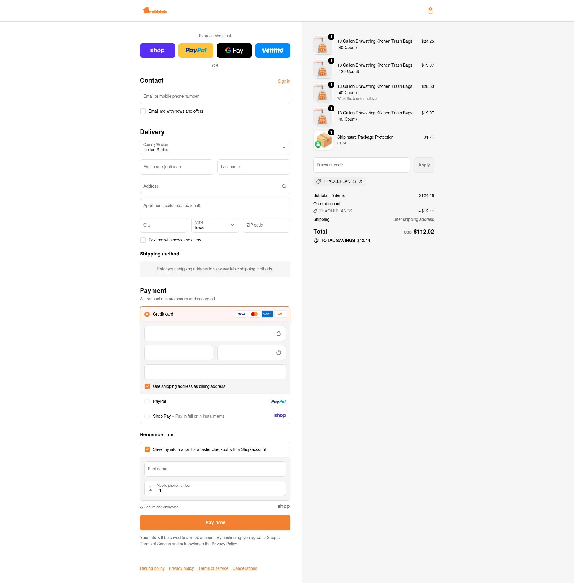 Rubbish Home checkout page showing Rubbish Home promo code box | Screenshot taken by SimplyCodes community member on Dec 2, 2025