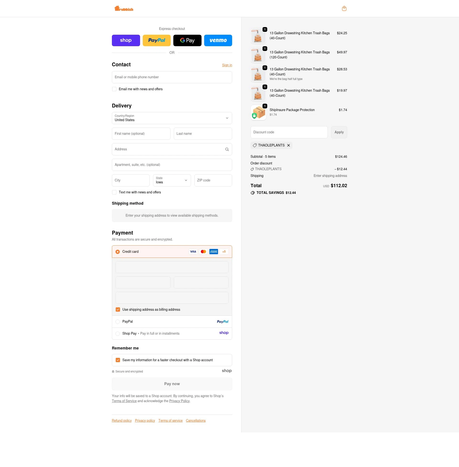 Rubbish Home checkout page showing Rubbish Home promo code box | Screenshot taken by SimplyCodes community member on Nov 27, 2025