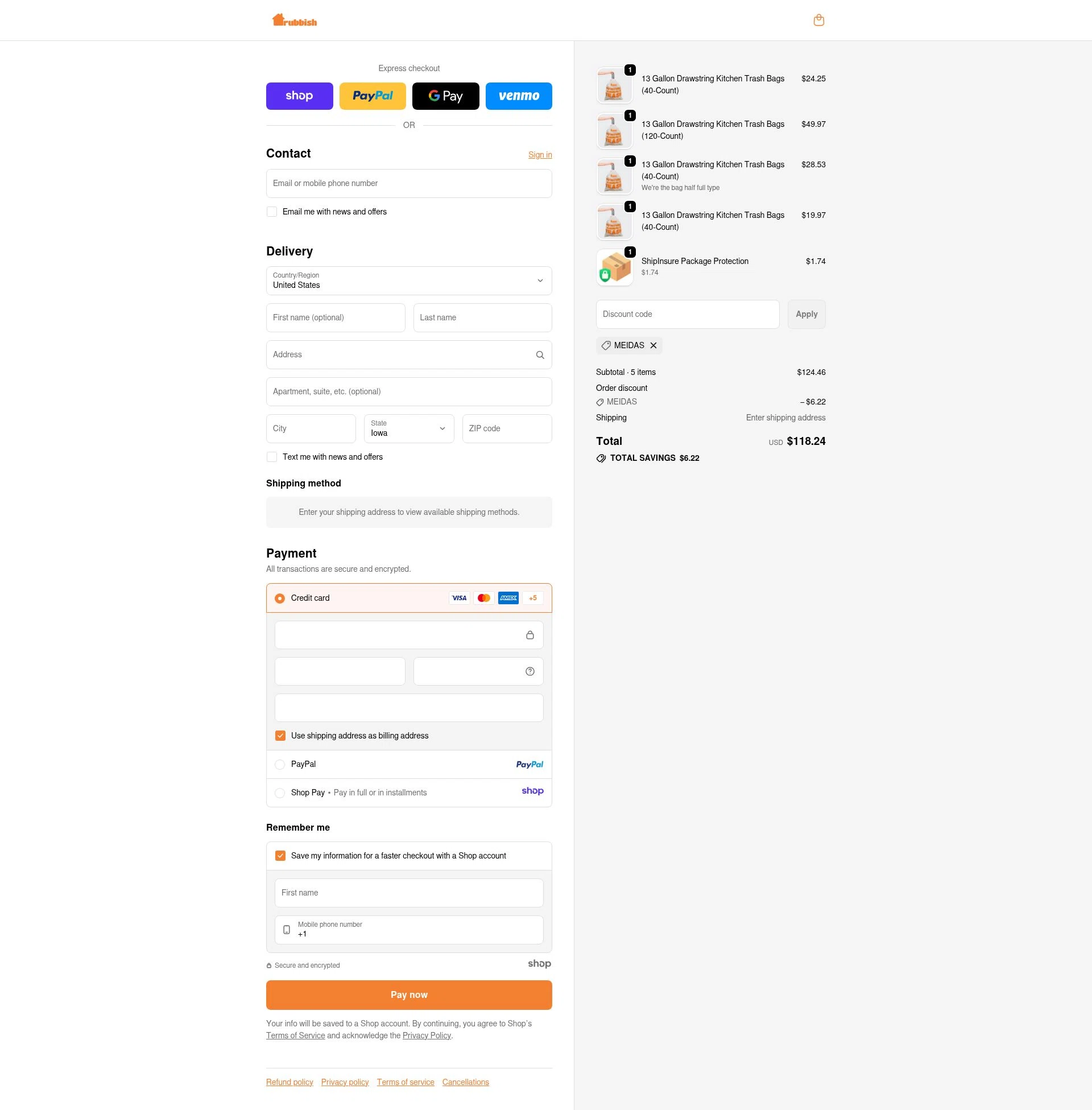 Rubbish Home checkout page showing Rubbish Home promo code box | Screenshot taken by SimplyCodes community member on Nov 27, 2025
