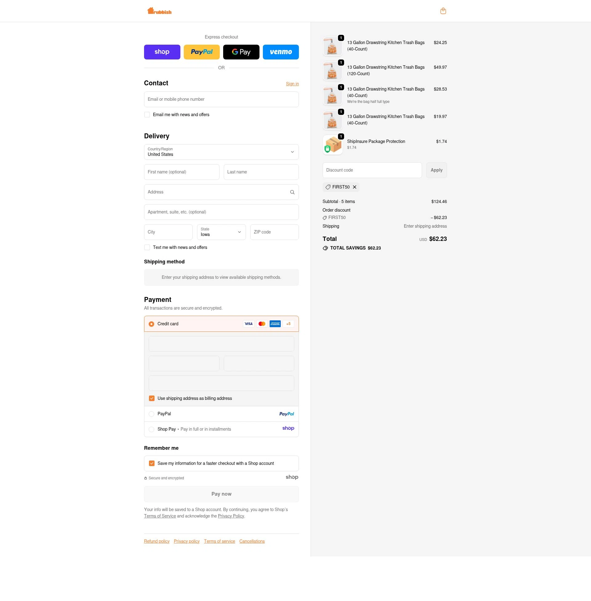 Rubbish Home checkout page showing Rubbish Home promo code box | Screenshot taken by SimplyCodes community member on Dec 2, 2025