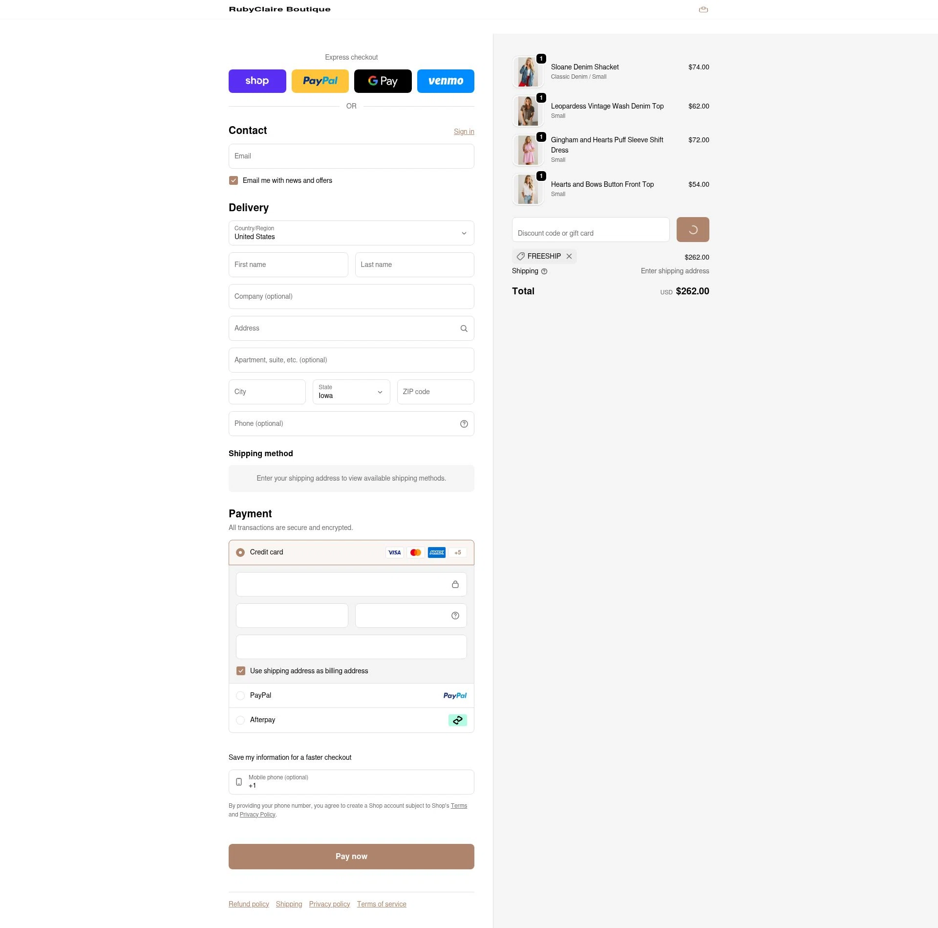 RubyClaire Boutique checkout page showing RubyClaire Boutique coupon code box | Screenshot taken by SimplyCodes community member on Feb 7, 2026