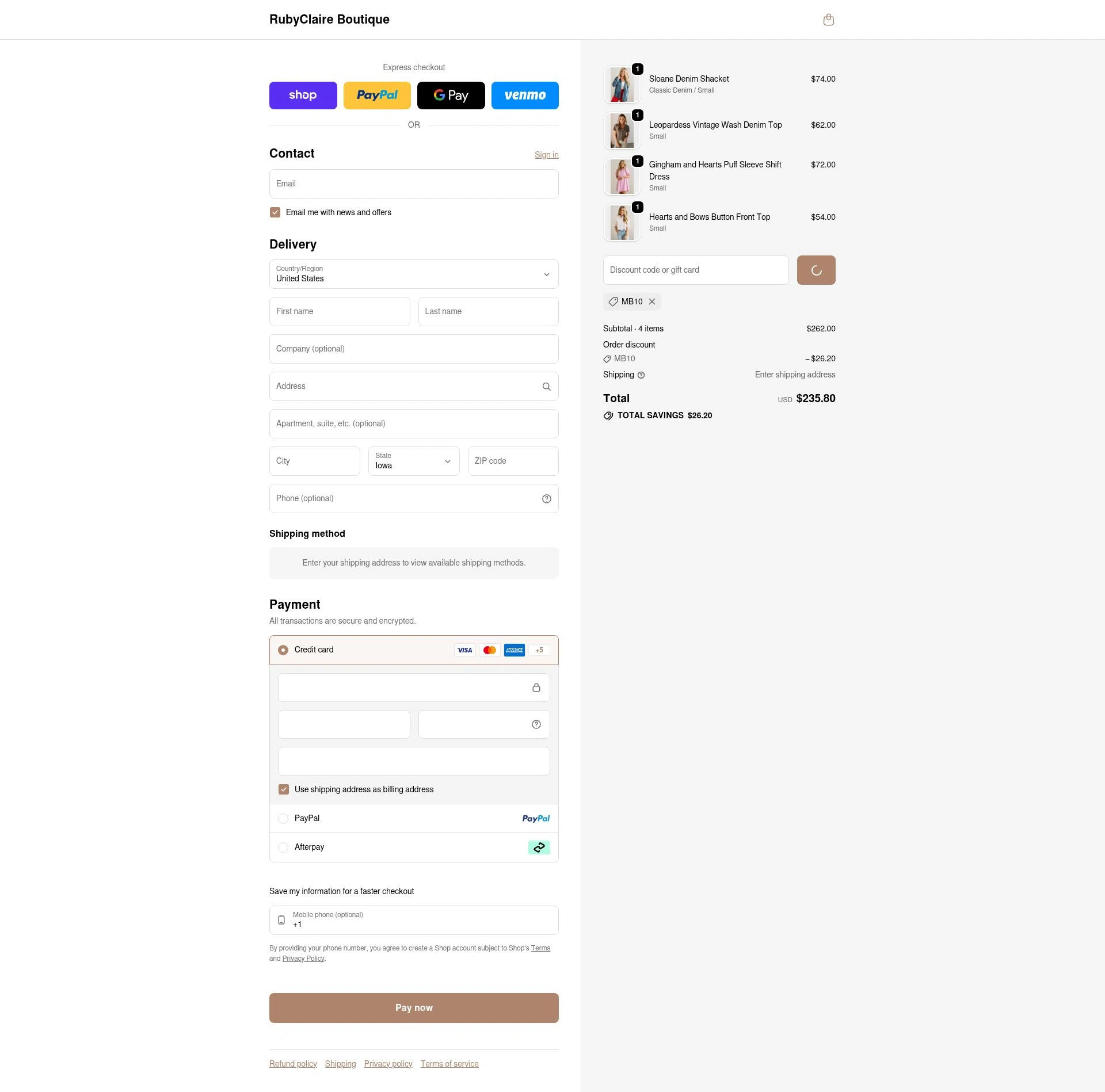 RubyClaire Boutique checkout page showing RubyClaire Boutique coupon code box | Screenshot taken by SimplyCodes community member on Feb 7, 2026