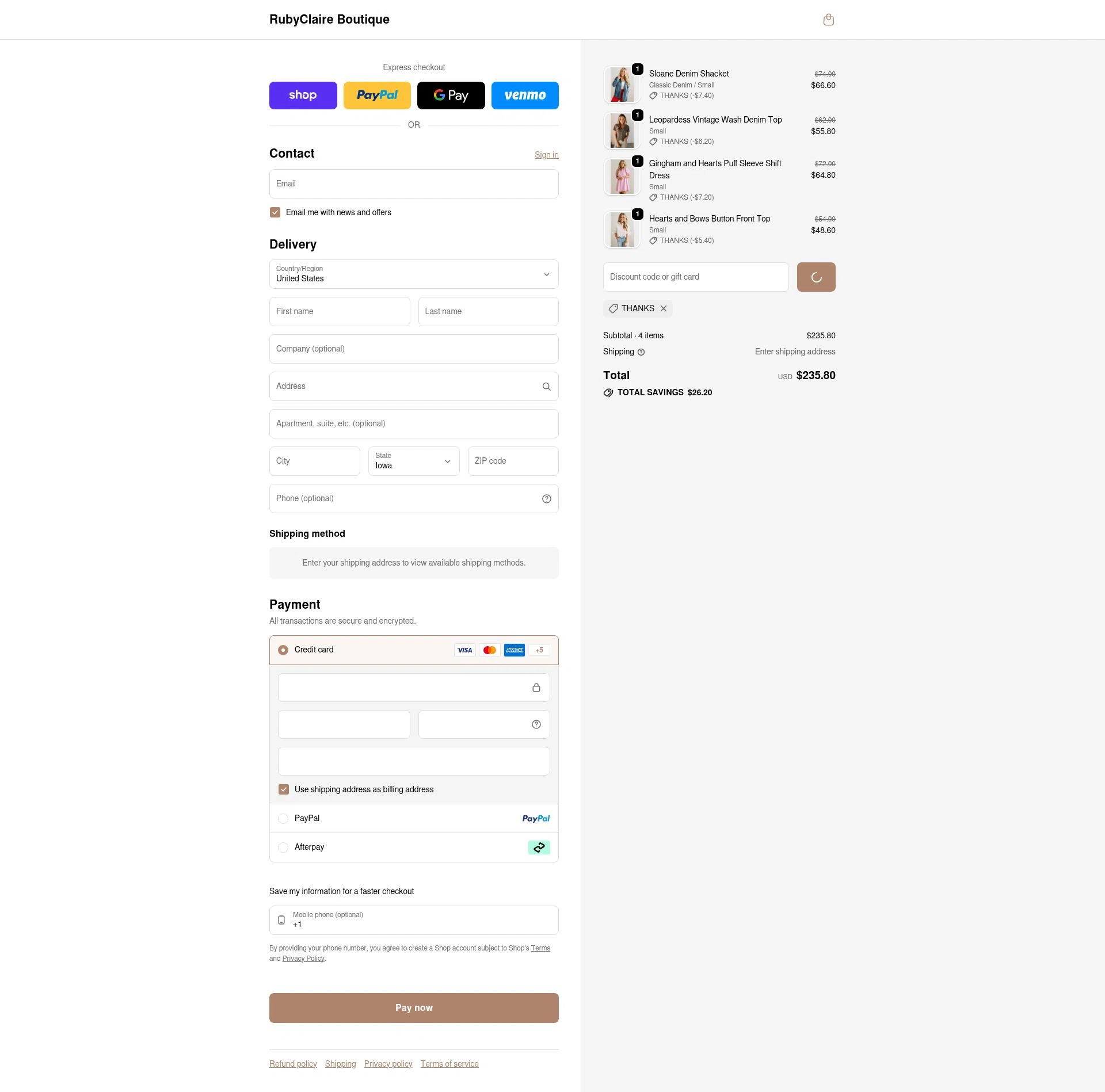 RubyClaire Boutique checkout page showing RubyClaire Boutique coupon code box | Screenshot taken by SimplyCodes community member on Feb 7, 2026