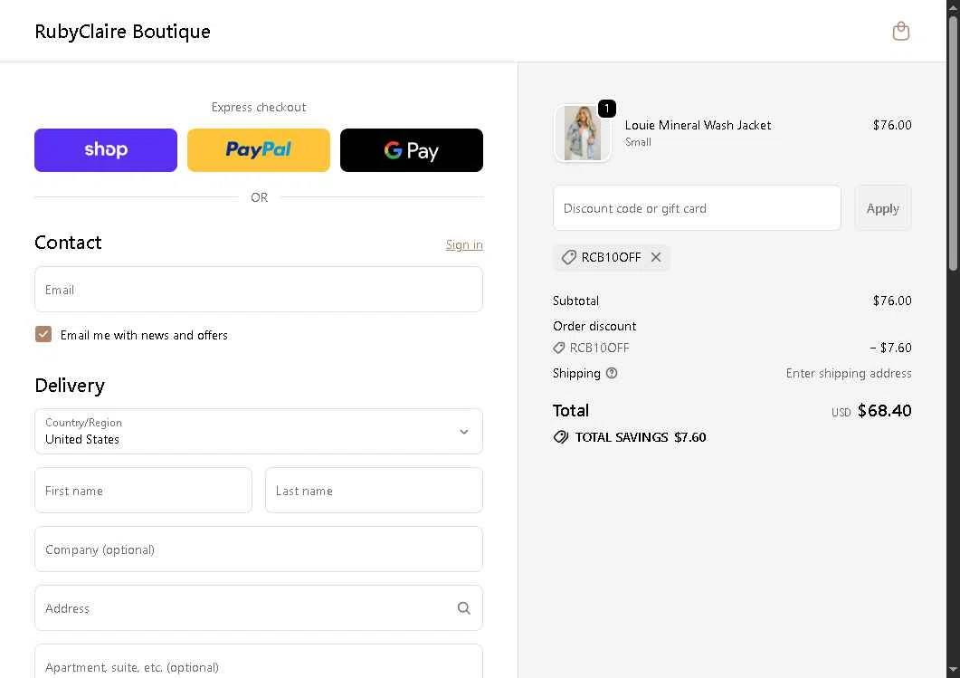 RubyClaire Boutique checkout page showing RubyClaire Boutique coupon code box | Screenshot taken by SimplyCodes community member on Feb 7, 2026