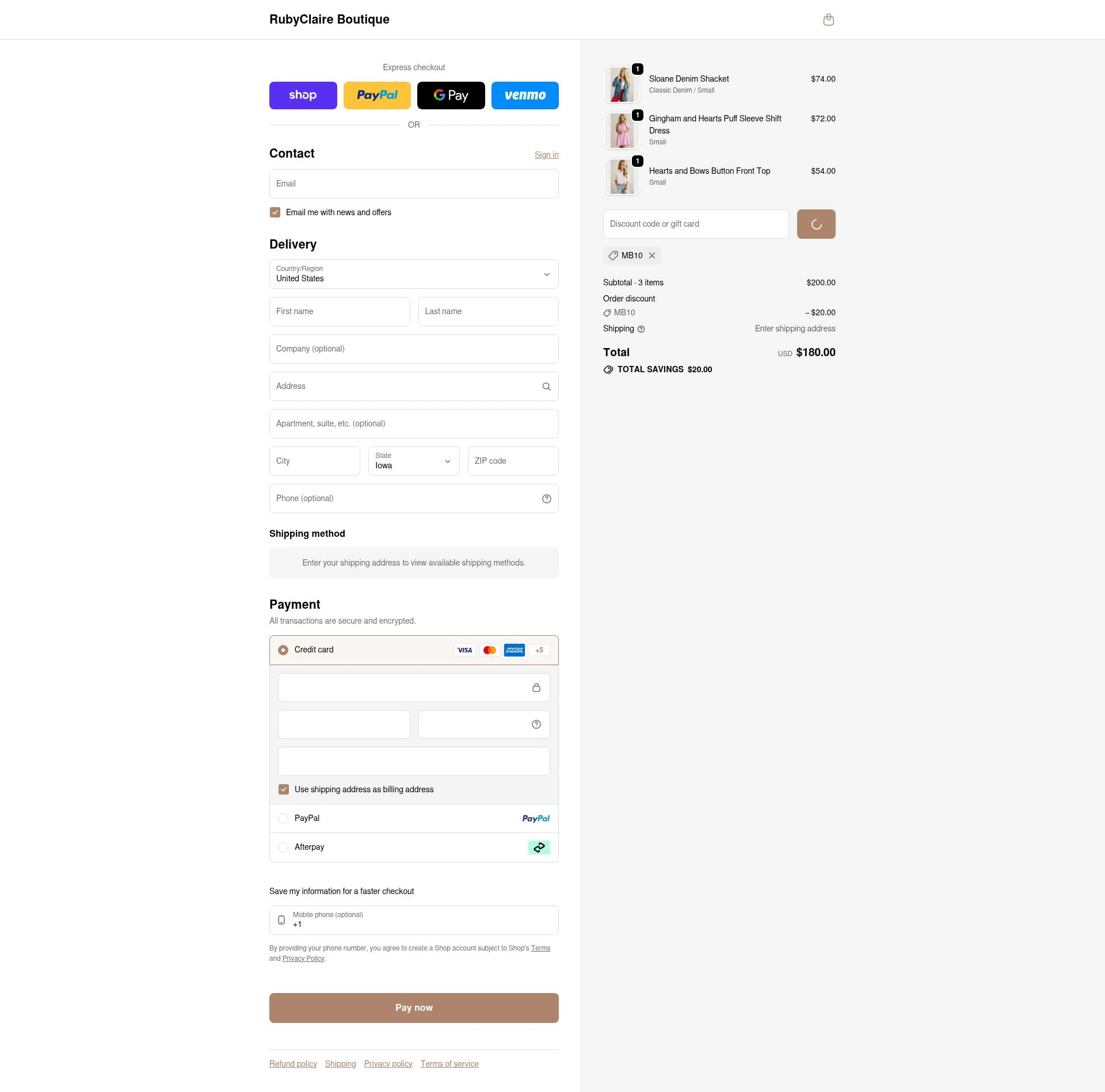 RubyClaire Boutique checkout page showing RubyClaire Boutique coupon code box | Screenshot taken by SimplyCodes community member on Feb 3, 2026
