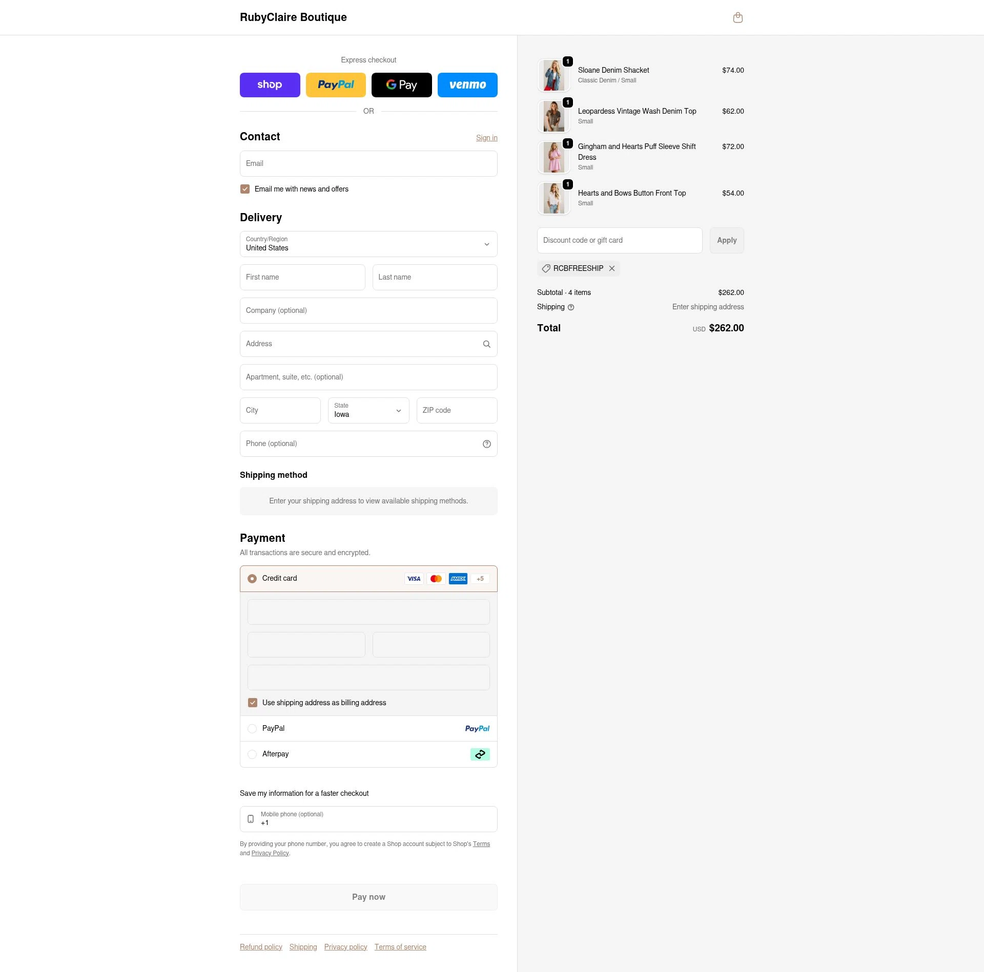 RubyClaire Boutique checkout page showing RubyClaire Boutique coupon code box | Screenshot taken by SimplyCodes community member on Feb 7, 2026