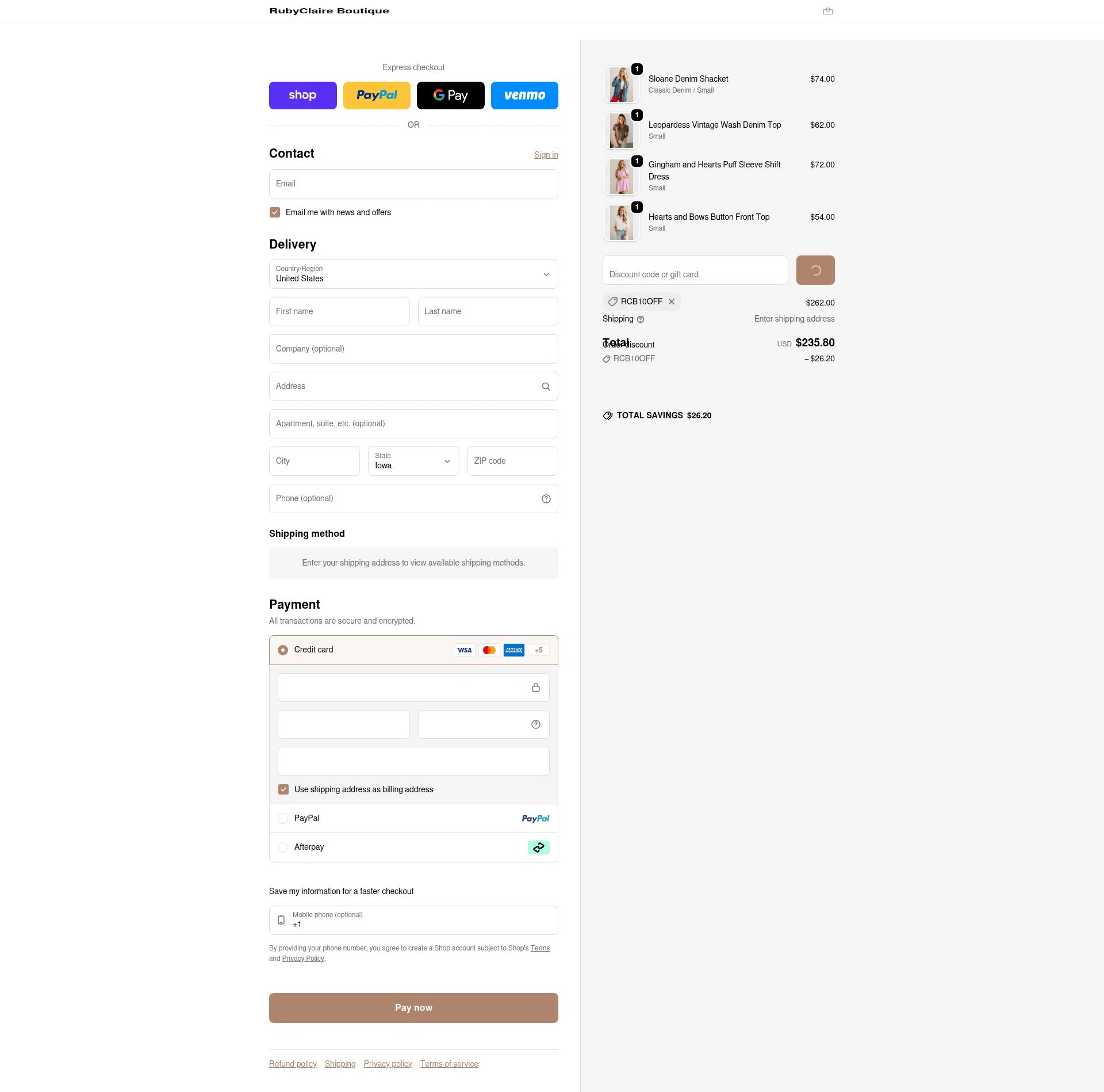 RubyClaire Boutique checkout page showing RubyClaire Boutique coupon code box | Screenshot taken by SimplyCodes community member on Feb 7, 2026