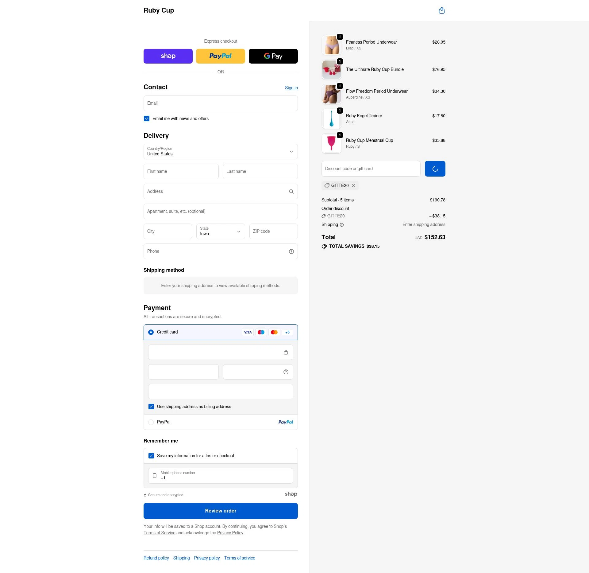 Ruby Cup checkout page showing Ruby Cup promo code box | Screenshot taken by SimplyCodes community member on Jan 2, 2026