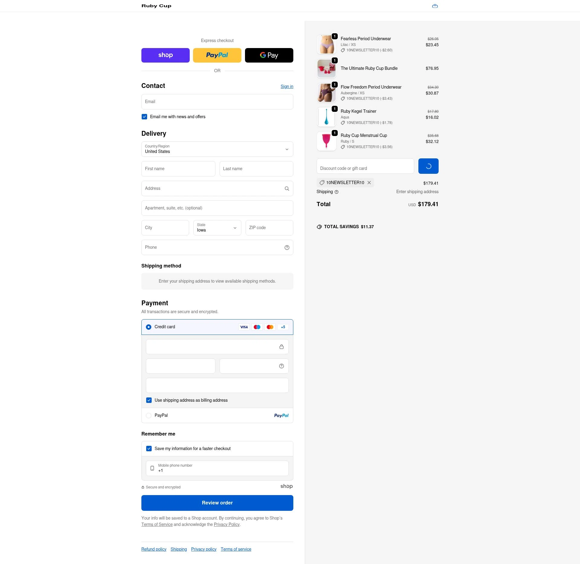 Ruby Cup checkout page showing Ruby Cup promo code box | Screenshot taken by SimplyCodes community member on Jan 2, 2026