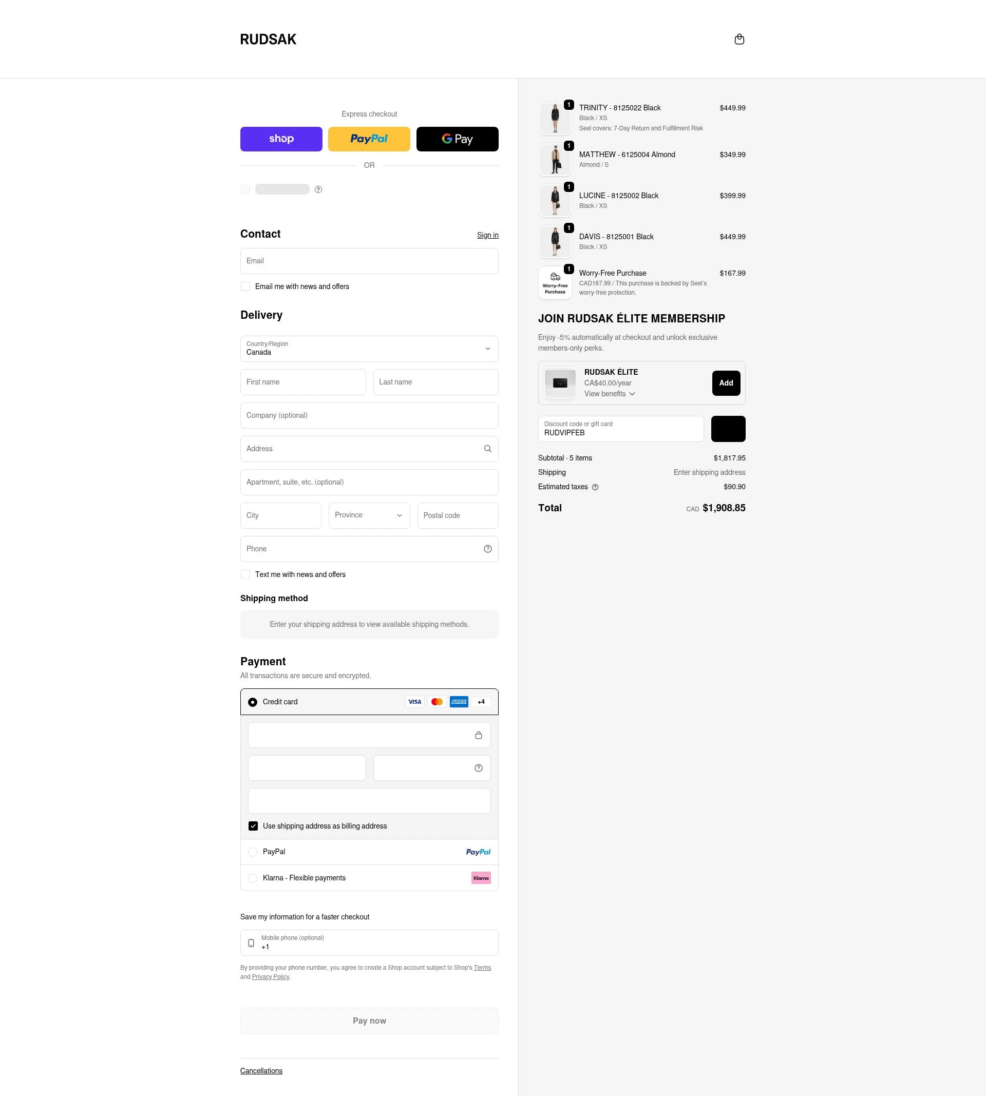 Rudsak checkout page showing Rudsak coupon code box | Screenshot taken by SimplyCodes community member on Feb 18, 2026